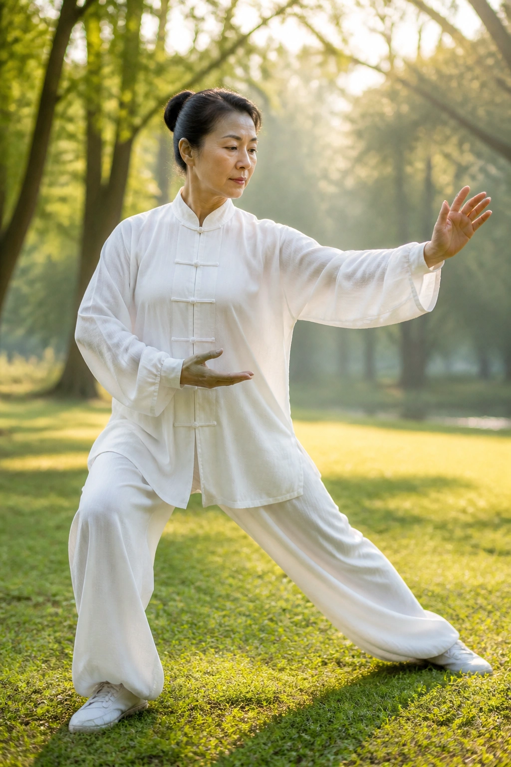 Person practicing Tai Chi in a park at dawn.