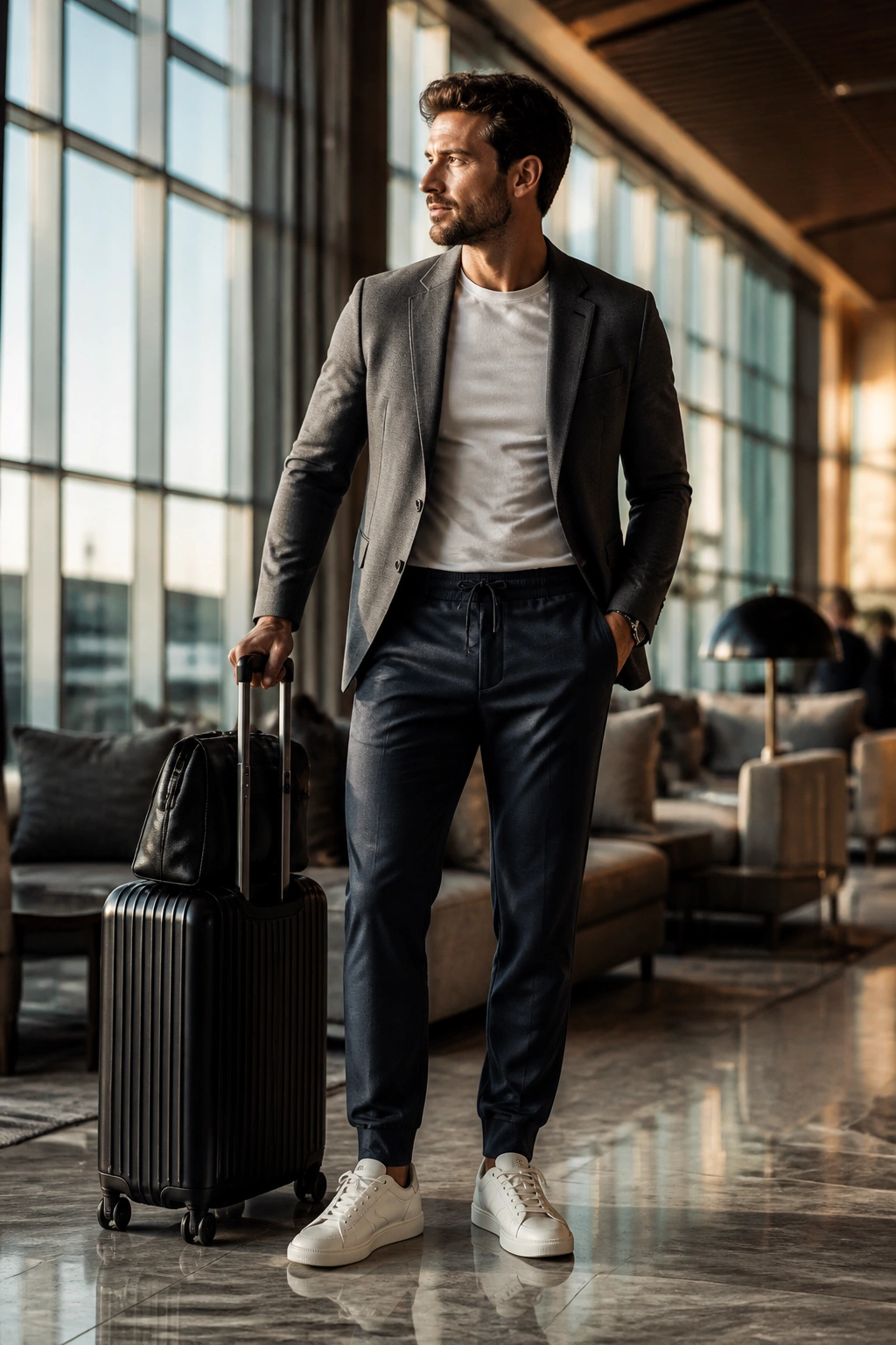 Traveler in tailored joggers and blazer in airport lounge