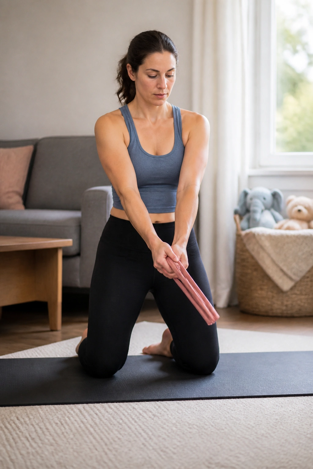 Postpartum woman performing tall-kneeling chop and lift.