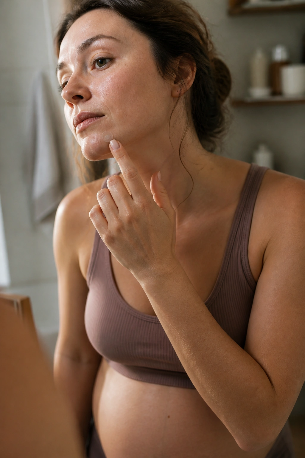 Close-up of a pregnant person with a small hydrocolloid patch on a breakout on the chin