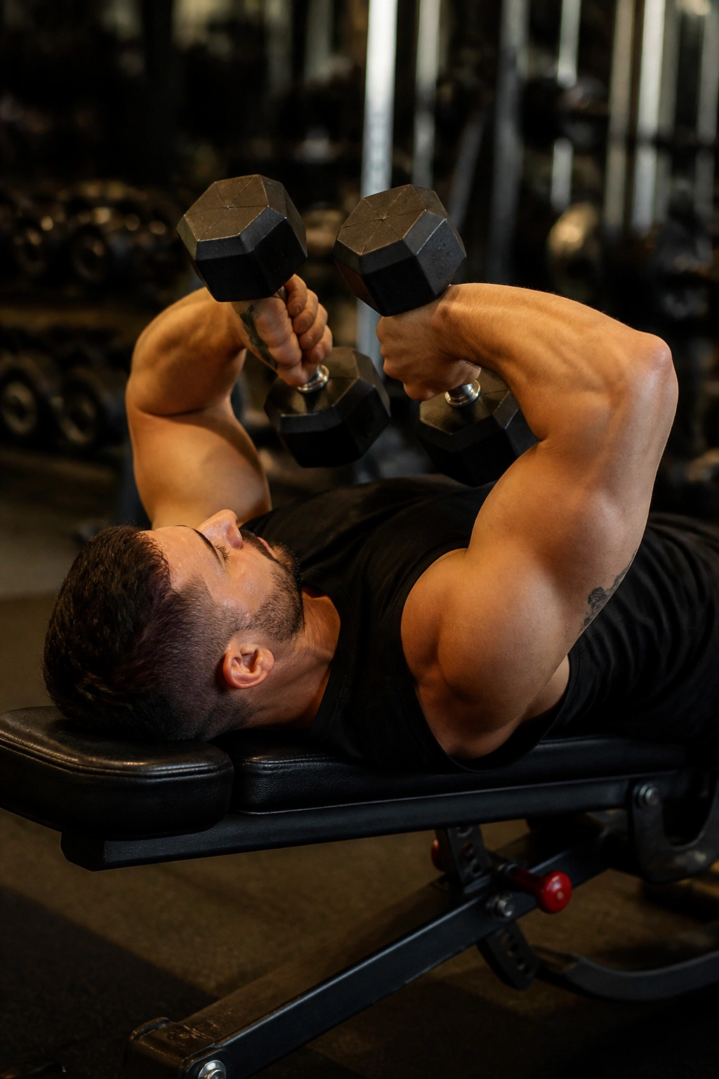 Close-up of arms performing Tate press on bench