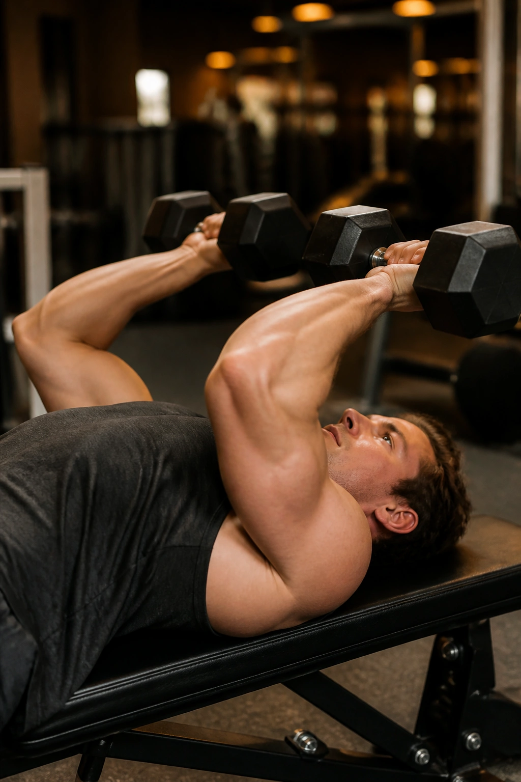Medium close-up of a lifter performing Tate press with elbows flared and wrists stacked above the chest.