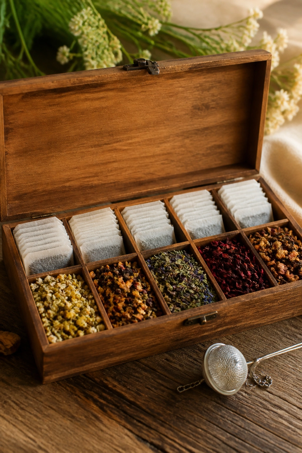 Close-up of an unbranded herbal tea sampler with loose leaves and tea bags.
