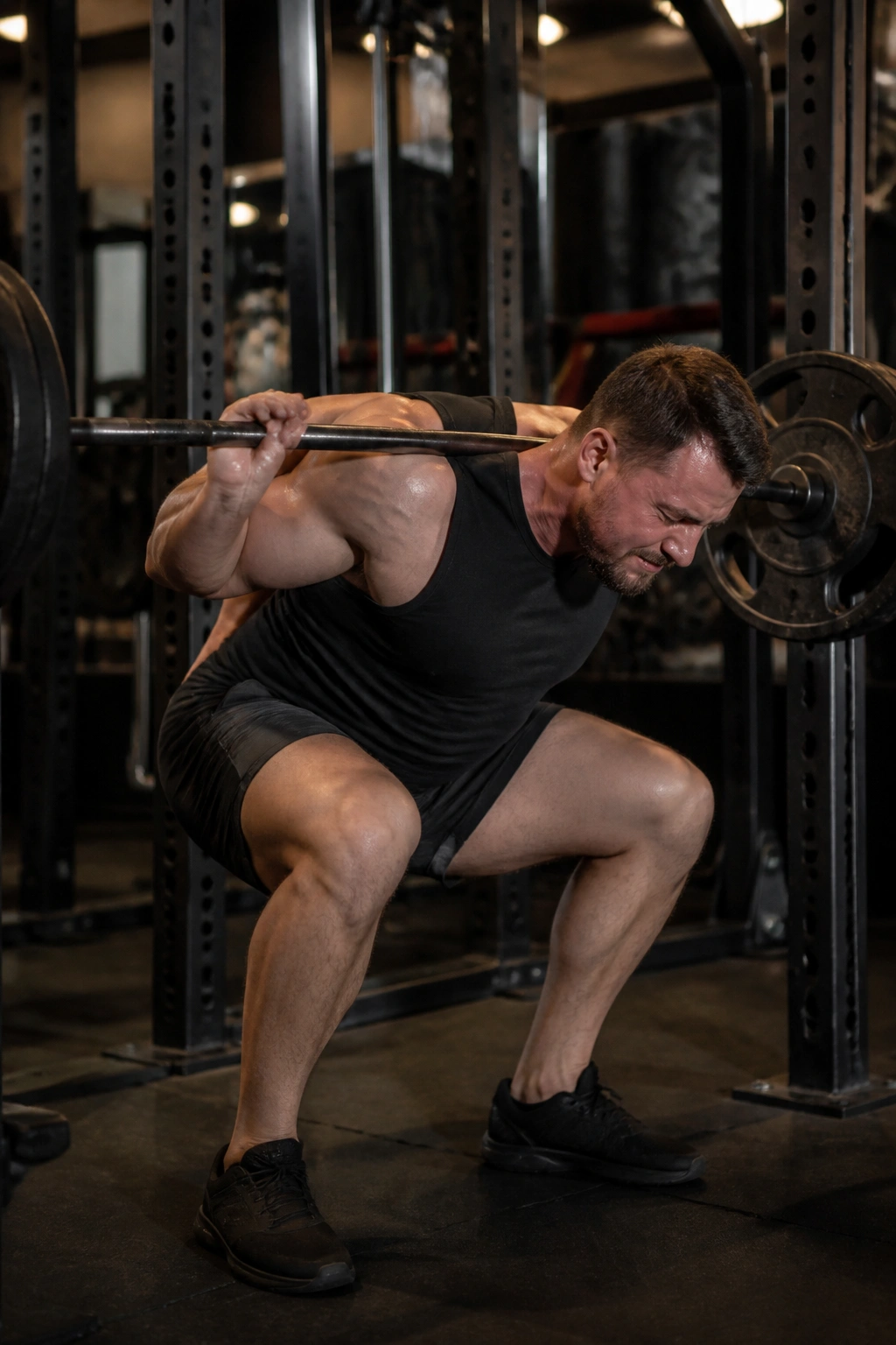 Lifter mid-squat showing form breakdown as technique slips