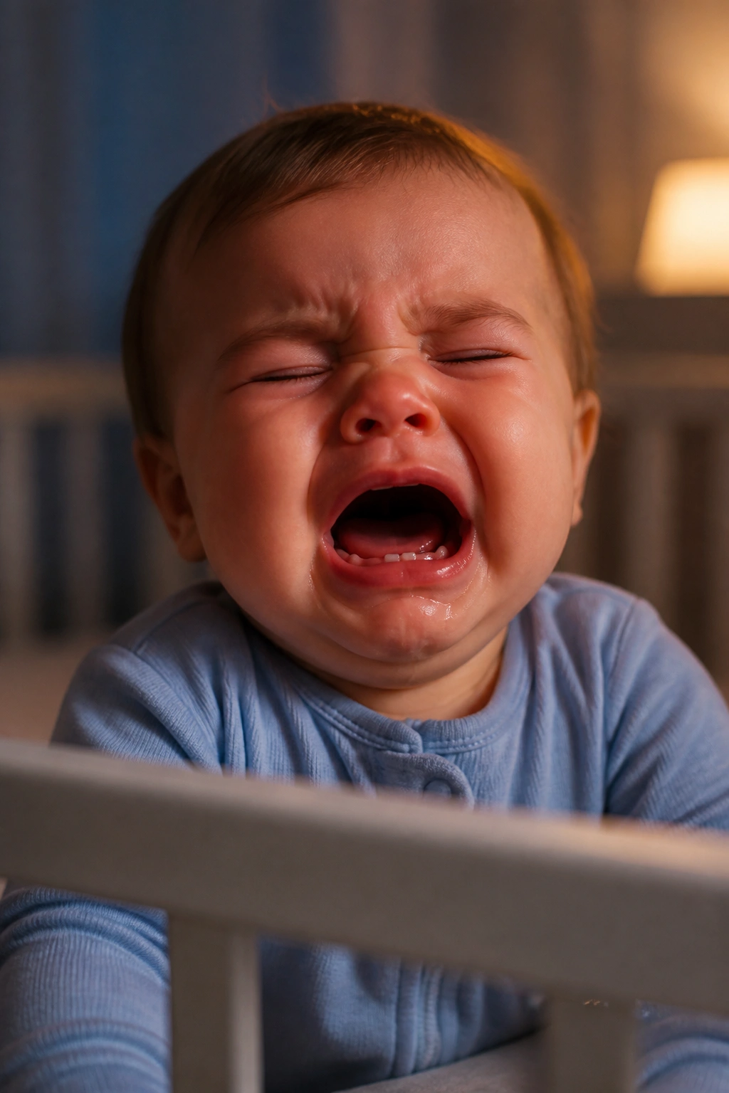 Baby crying softly in crib with drool and night light