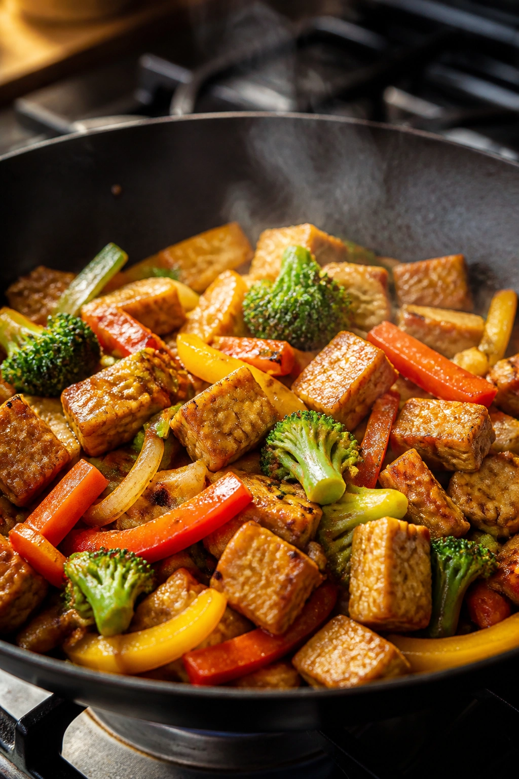 Close-up of tempeh stir-fry with vegetables in a skillet