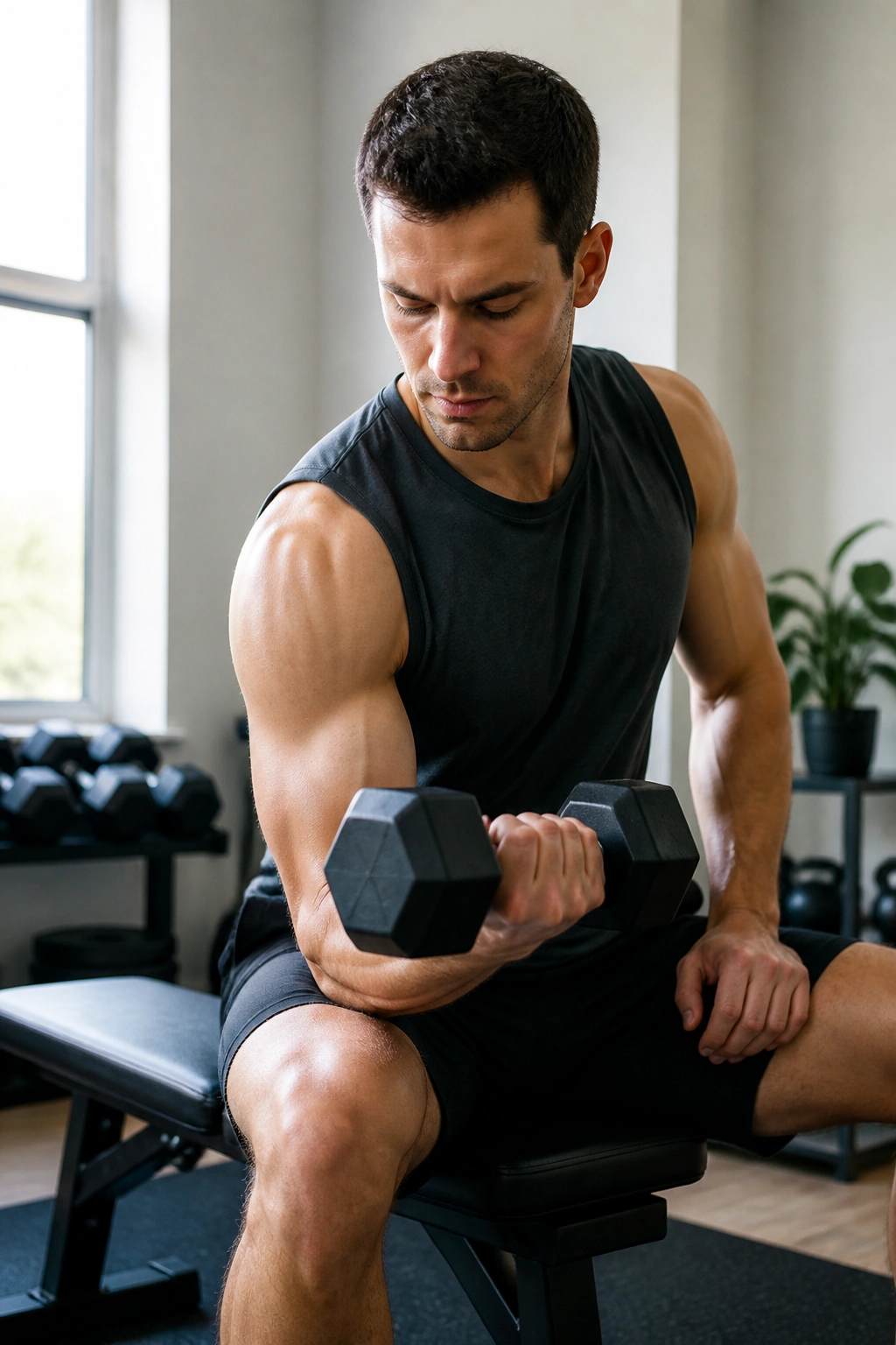 Real person performing a slow lowering biceps curl in a tempo workout during a home gym session.