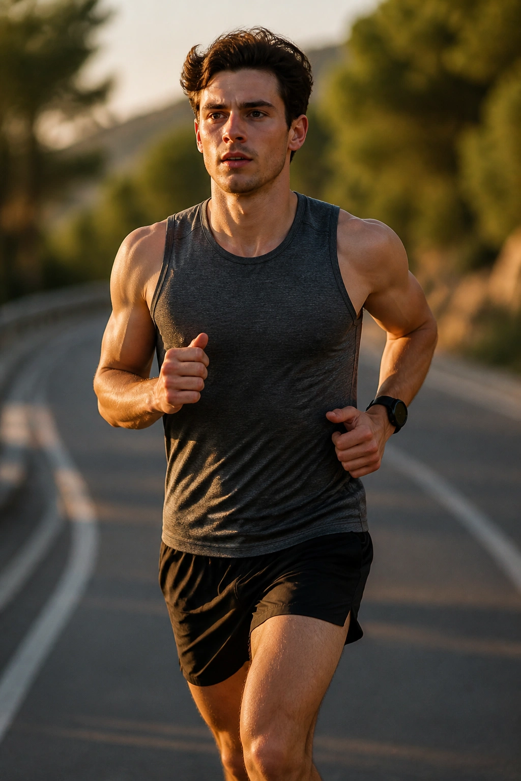 Runner maintaining tempo pace blocks on a road or track