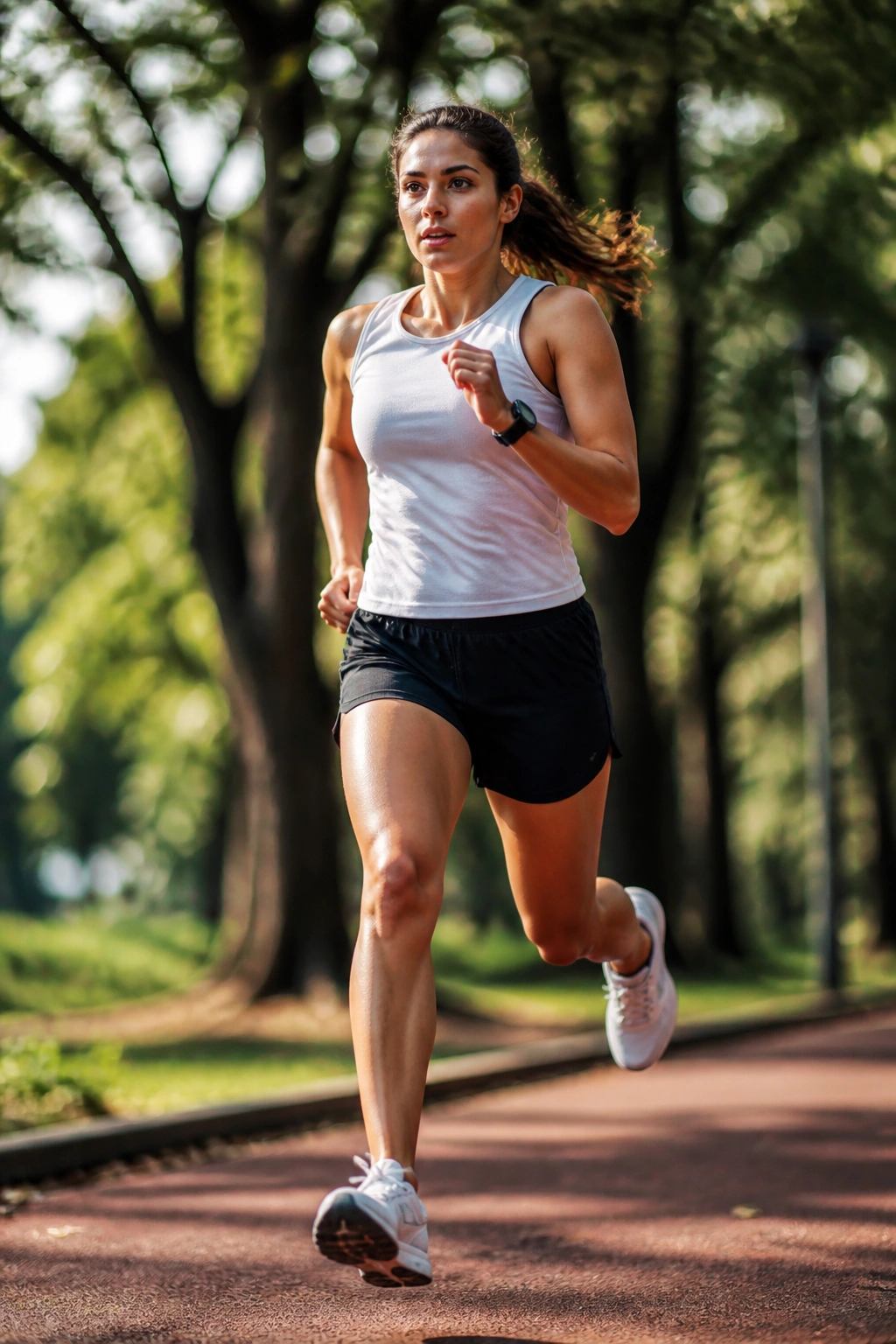 Close-up of a real runner in tempo cardio mix during outdoor run on a park track