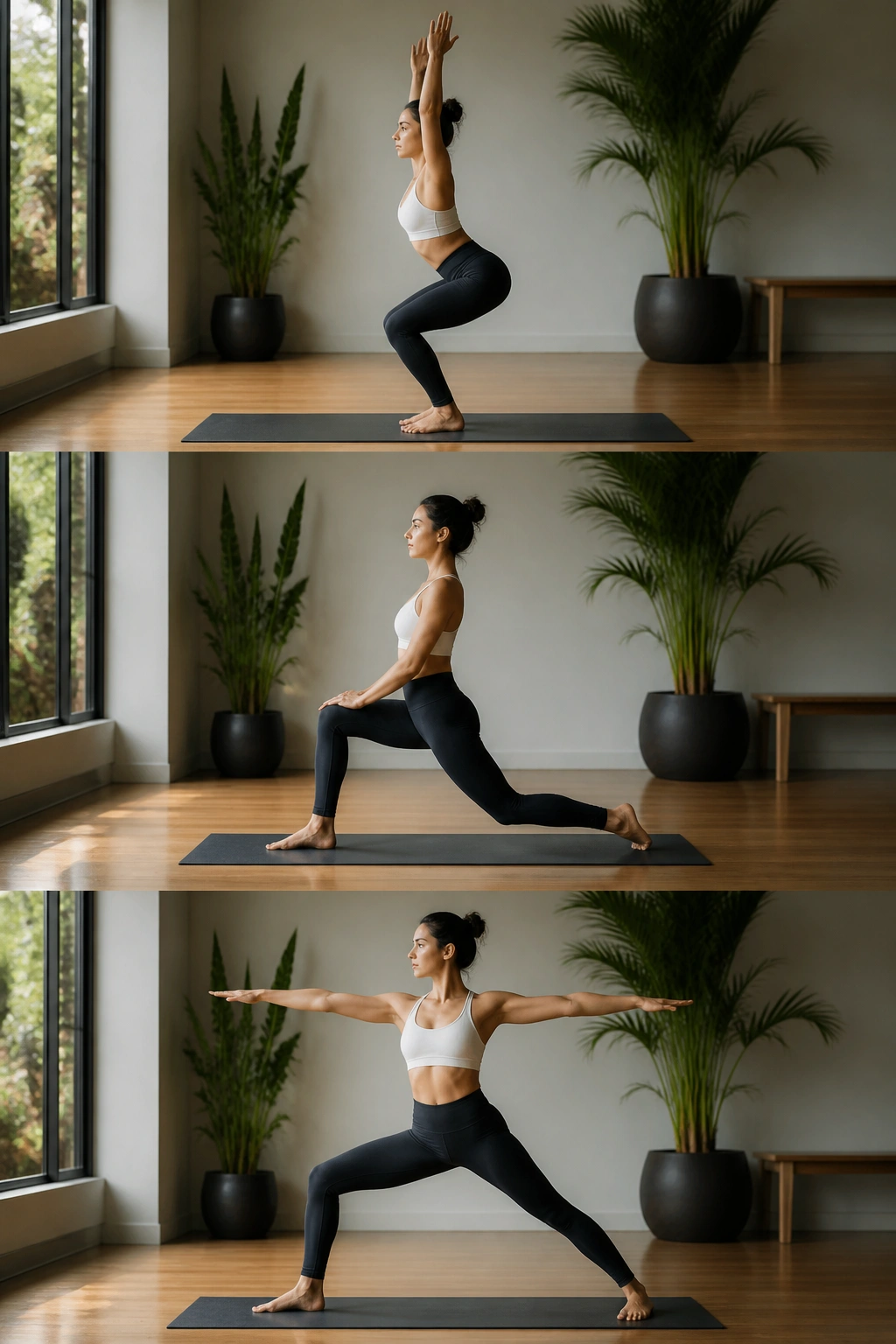 Warrior II with controlled tempo in a bright yoga studio.