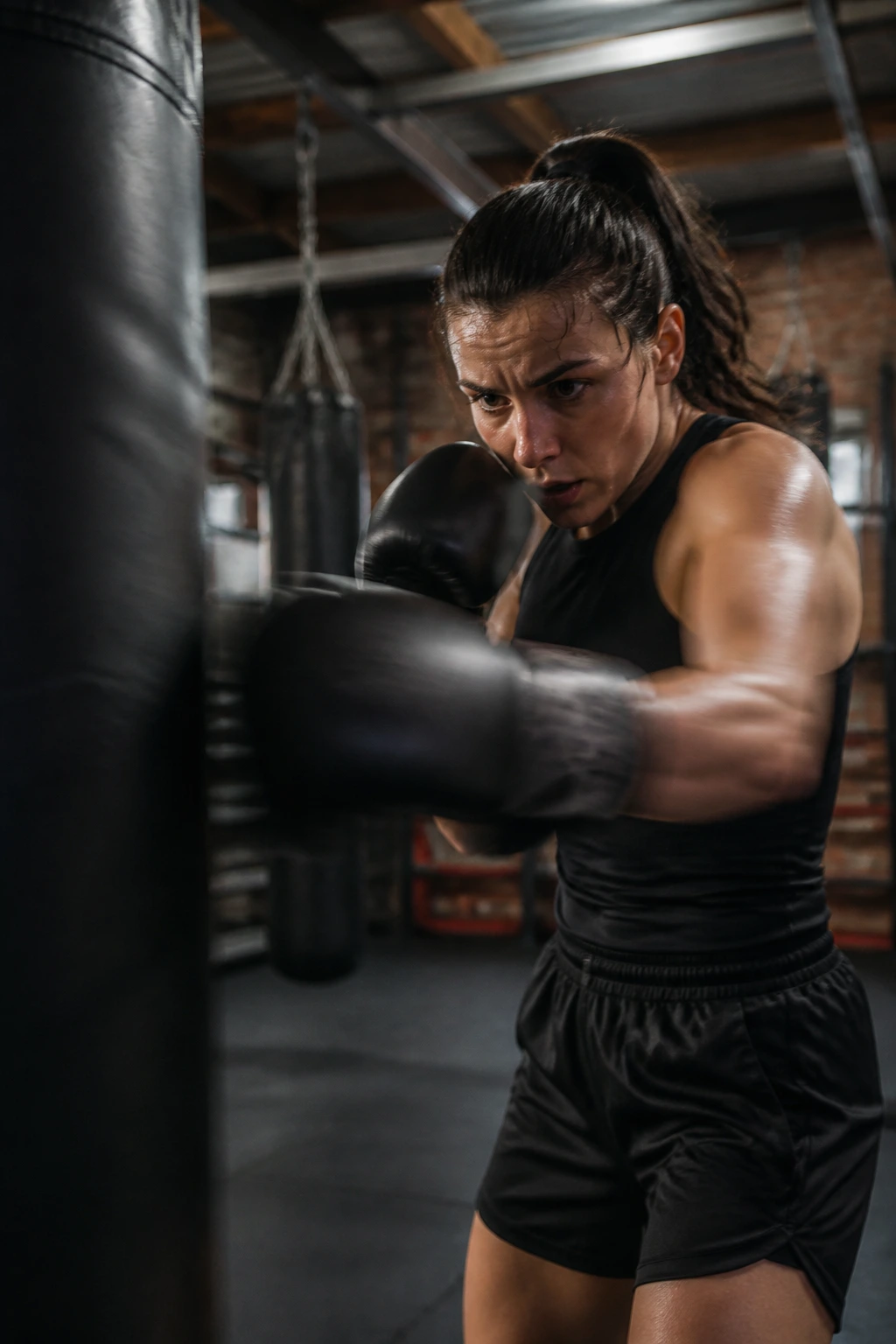 Boxer on a heavy bag showing tempo changes with motion blur