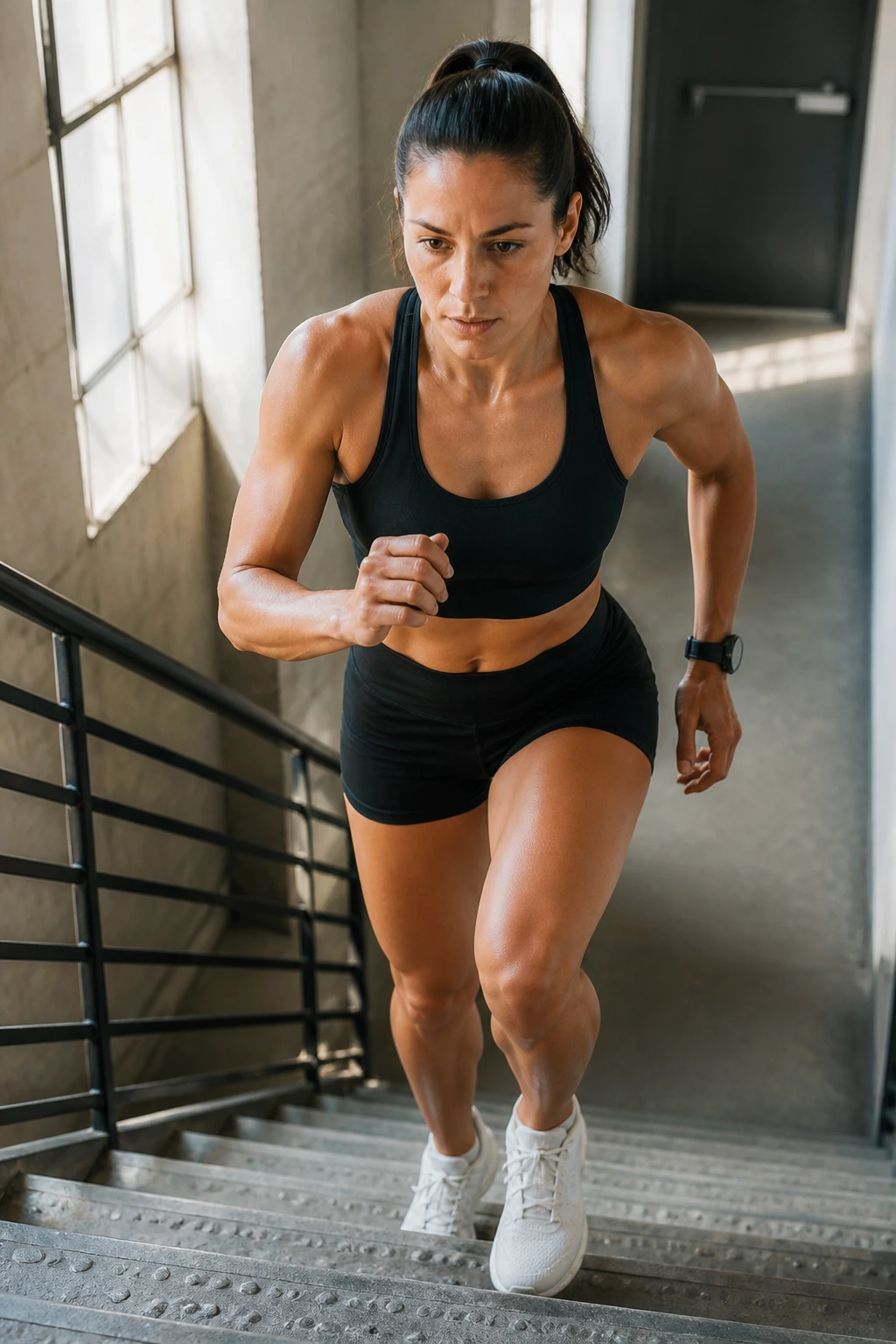 Person performing tempo climb on stairs with short recovery in a realistic stairwell.