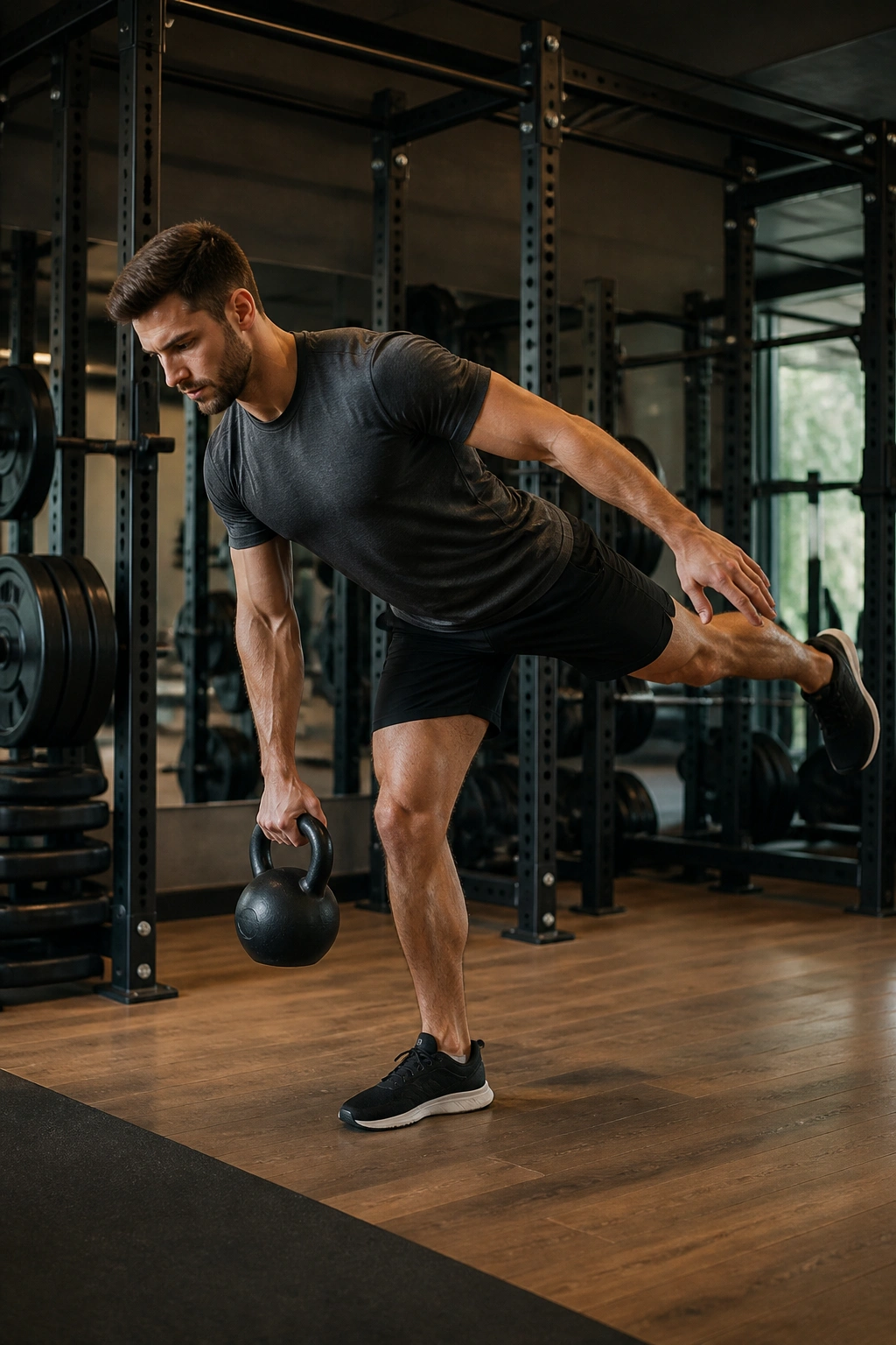 Athlete performing tempo-controlled single-leg deadlift in a gym