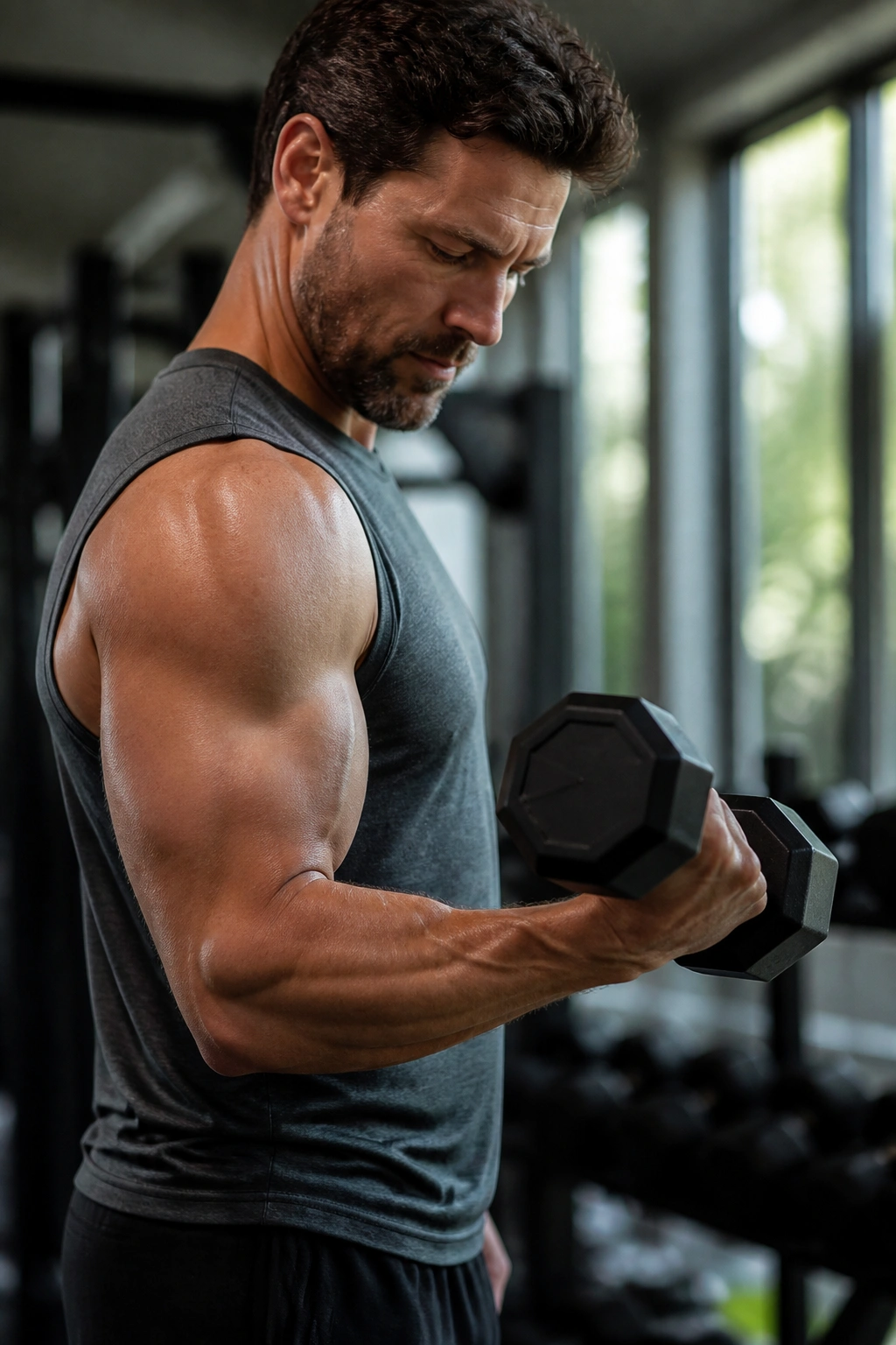 Lifter using slow tempo on dumbbell curl