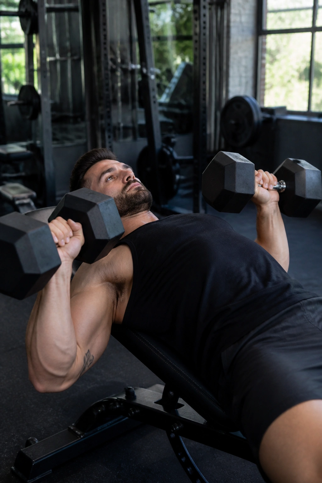 Lifter performing tempo dumbbell press with deliberate tempo