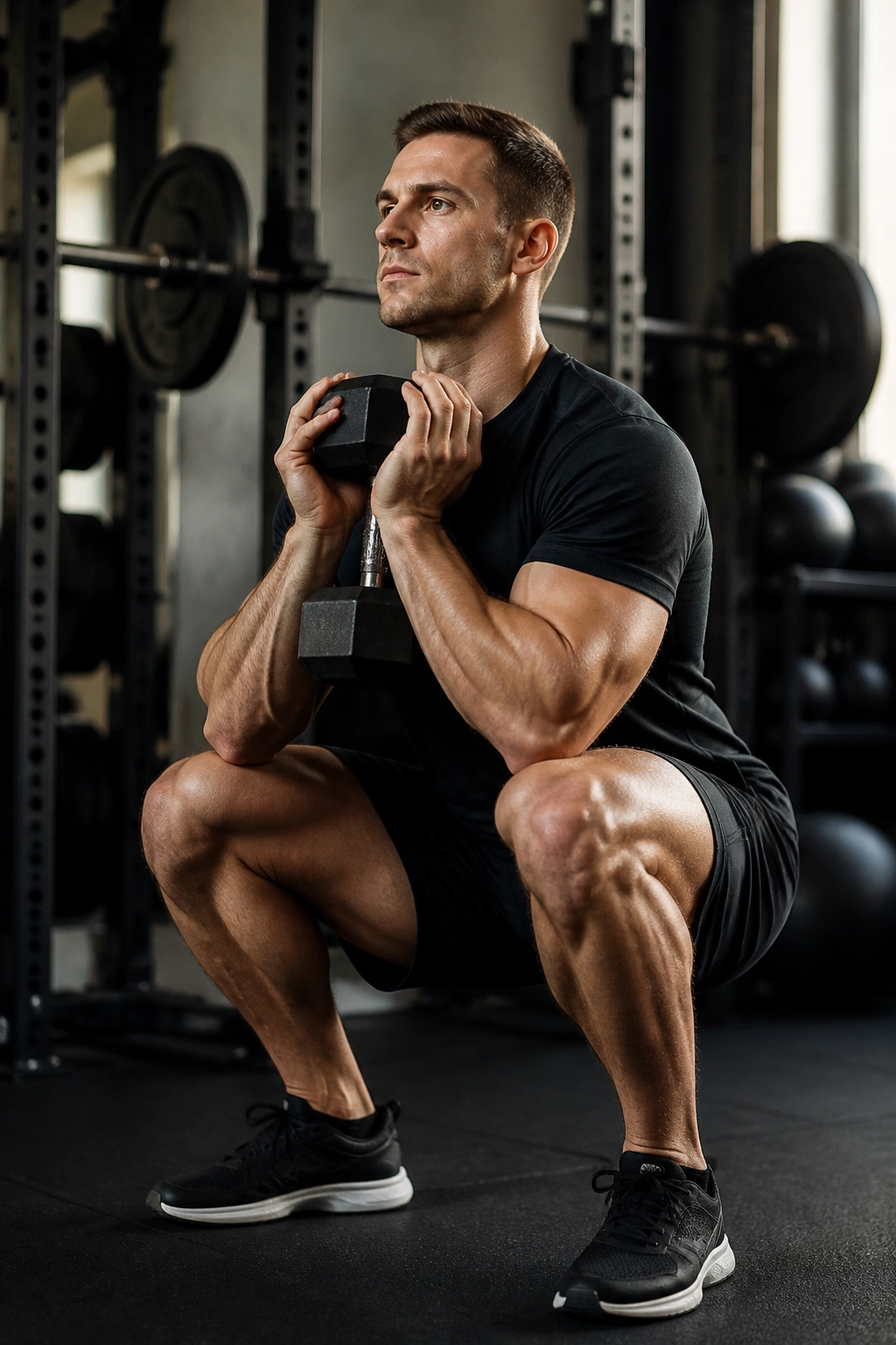 Close-up of lifter performing goblet squat with slow tempo in gym