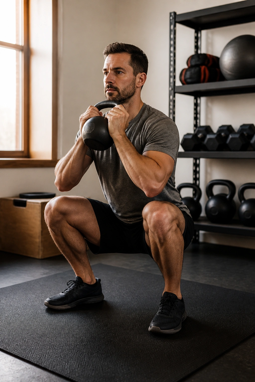 Real person doing tempo goblet squats in a home gym corner