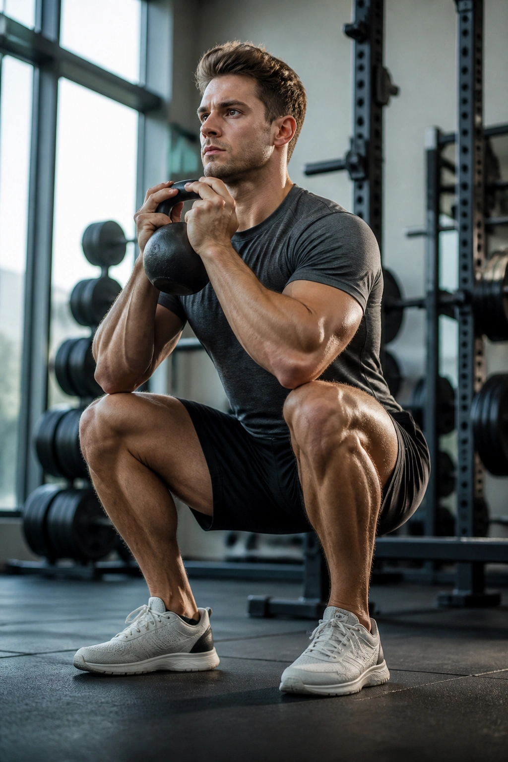 Close-up of a real person performing goblet squats with tempo control at the bottom.