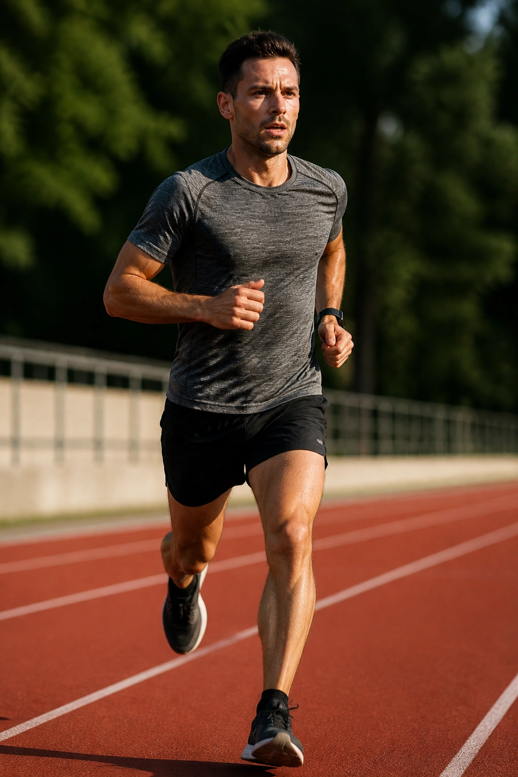 Runner in mid-stride on track illustrating tempo interval training