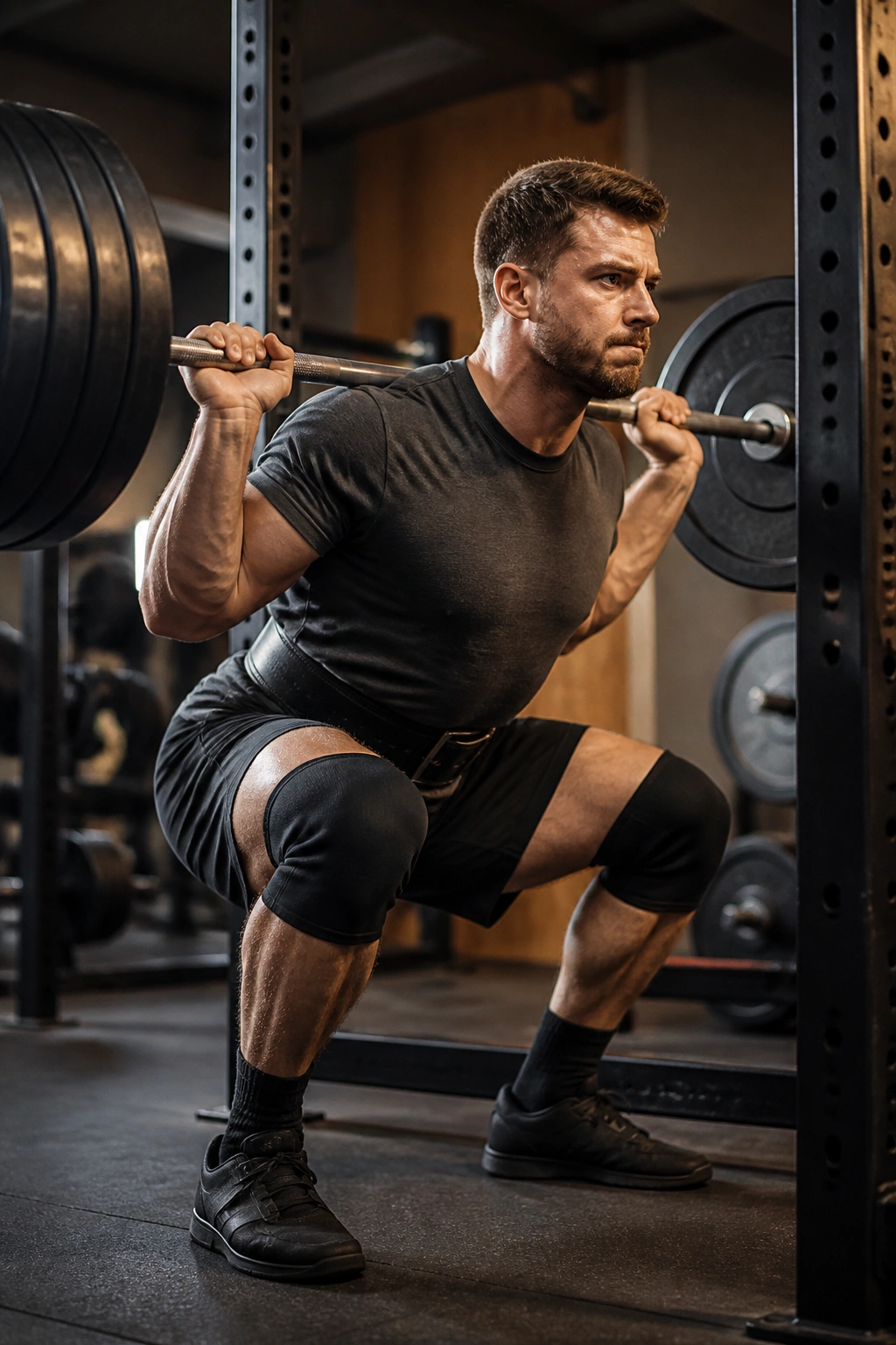 Medium-close view of a lifter doing a back squat with slow descent in a gym.