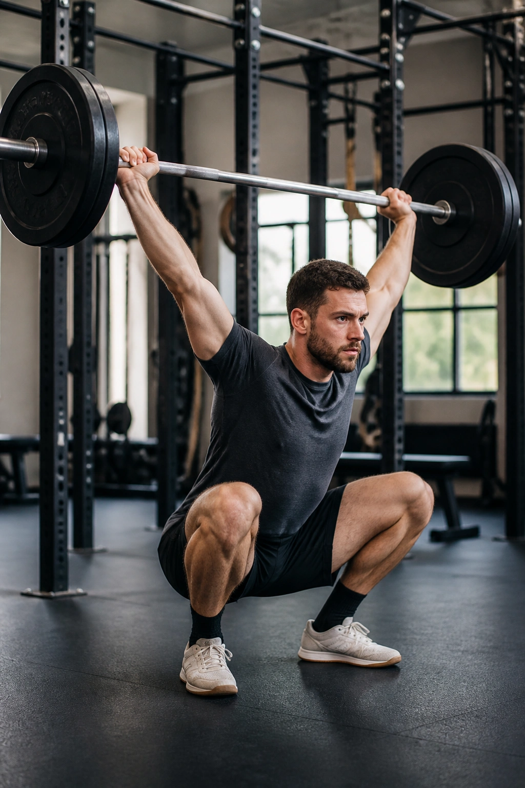 Lifter demonstrates tempo overhead squat with controlled descent in gym