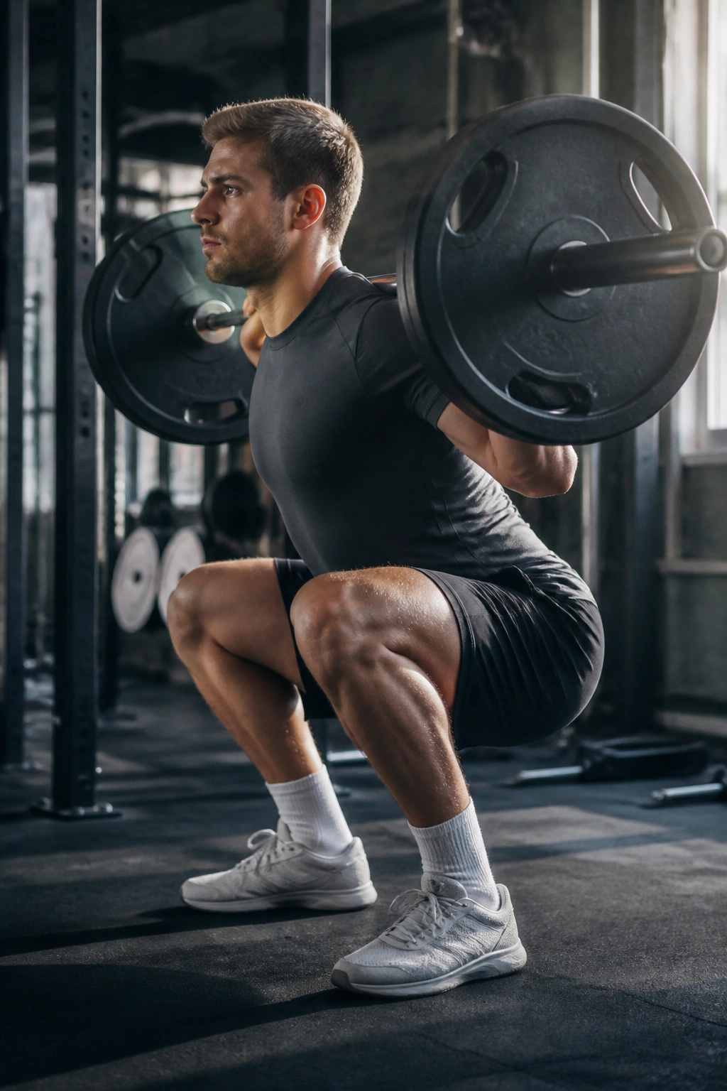 Person performing a slow tempo squat to bust plateau in gym.