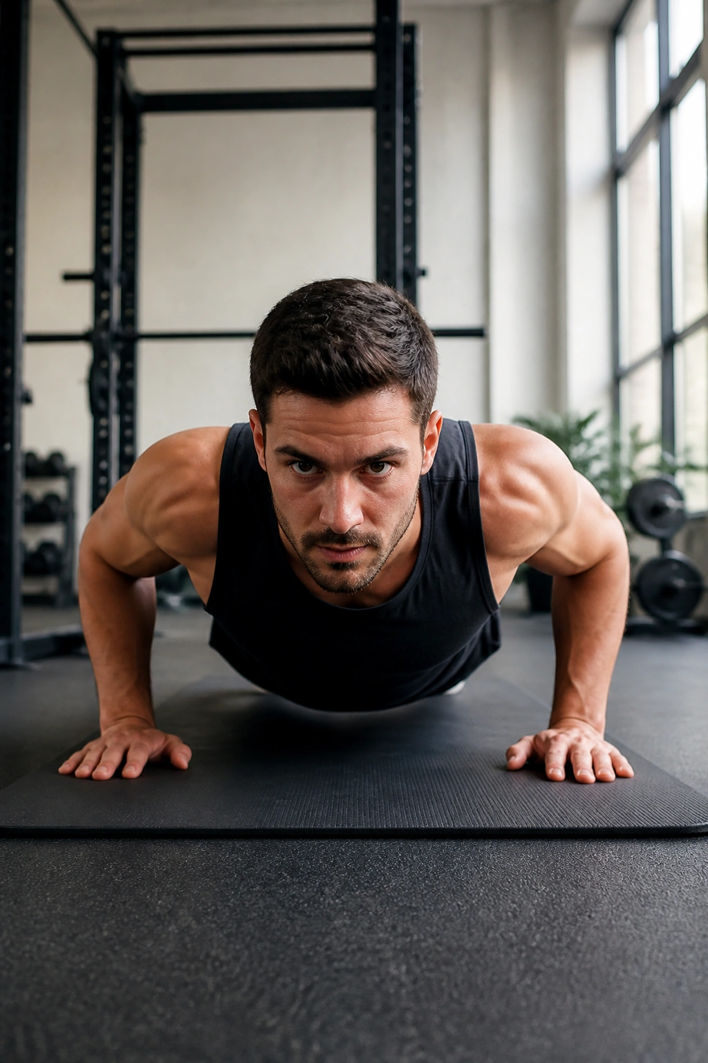 Person performing a push-up with tempo control on a mat