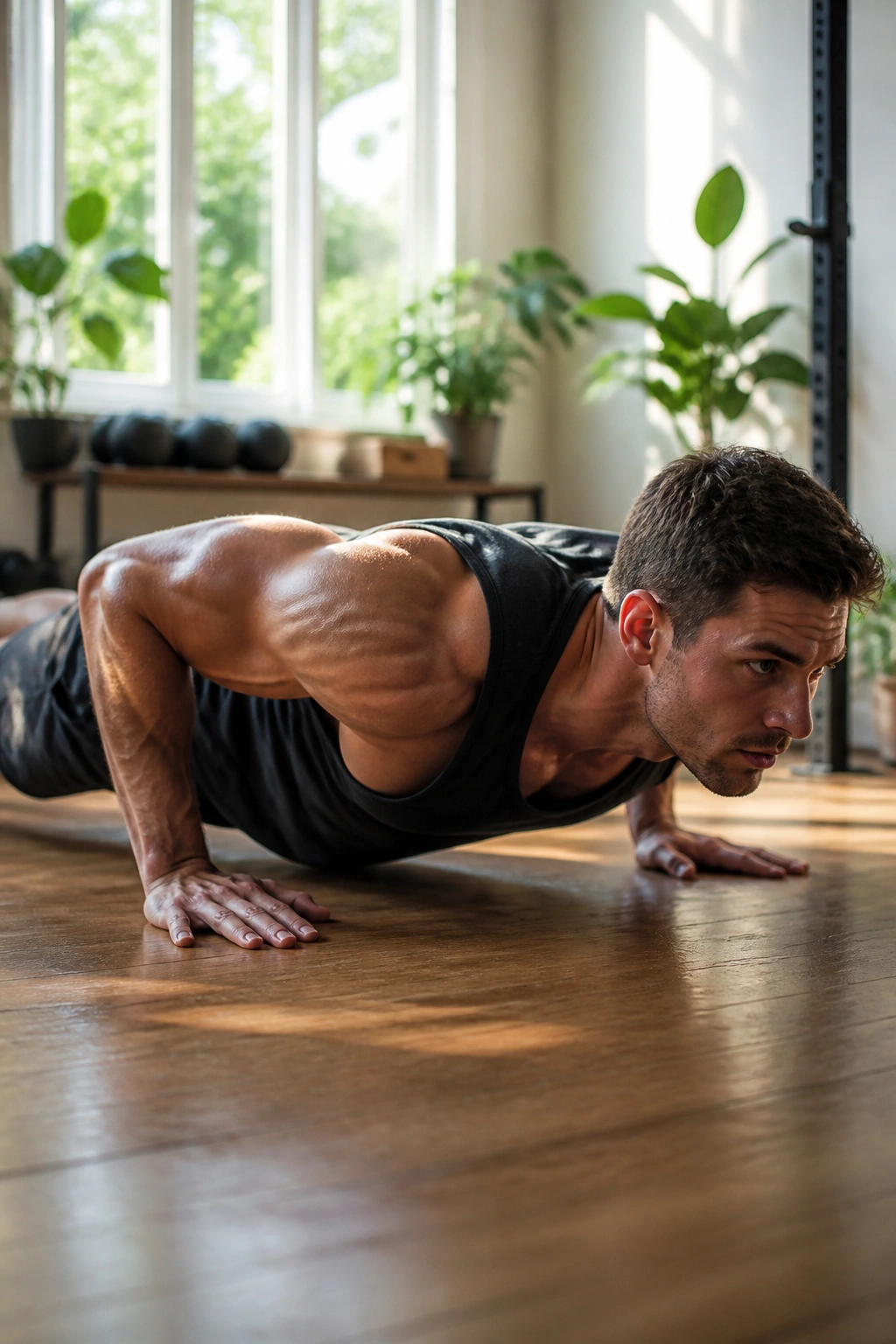 Real athlete performing a slow push-up highlighting tempo in a home gym