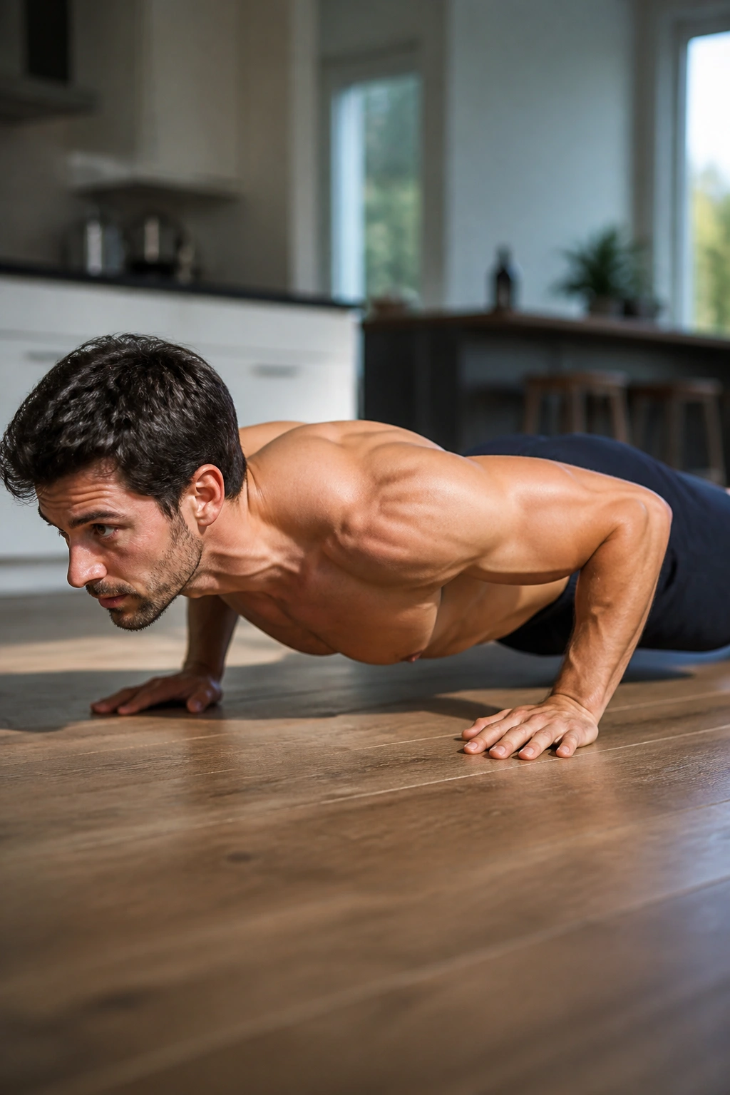 Person doing a tempo push-up on a home floor