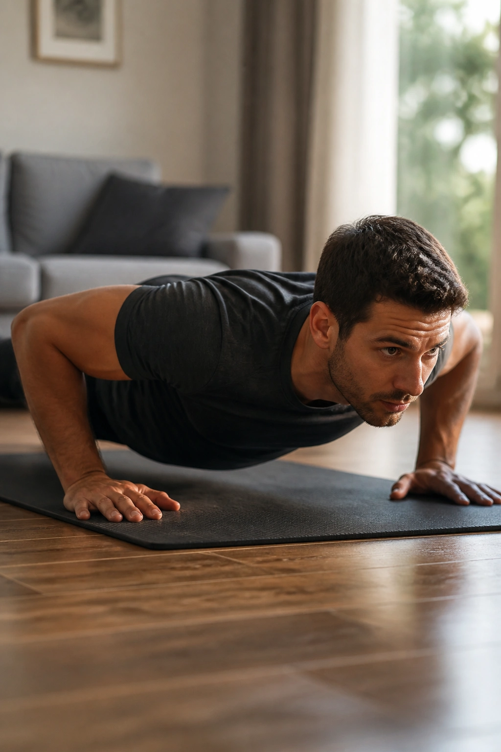 Person performing tempo push-ups with a slow, controlled cadence on a mat.