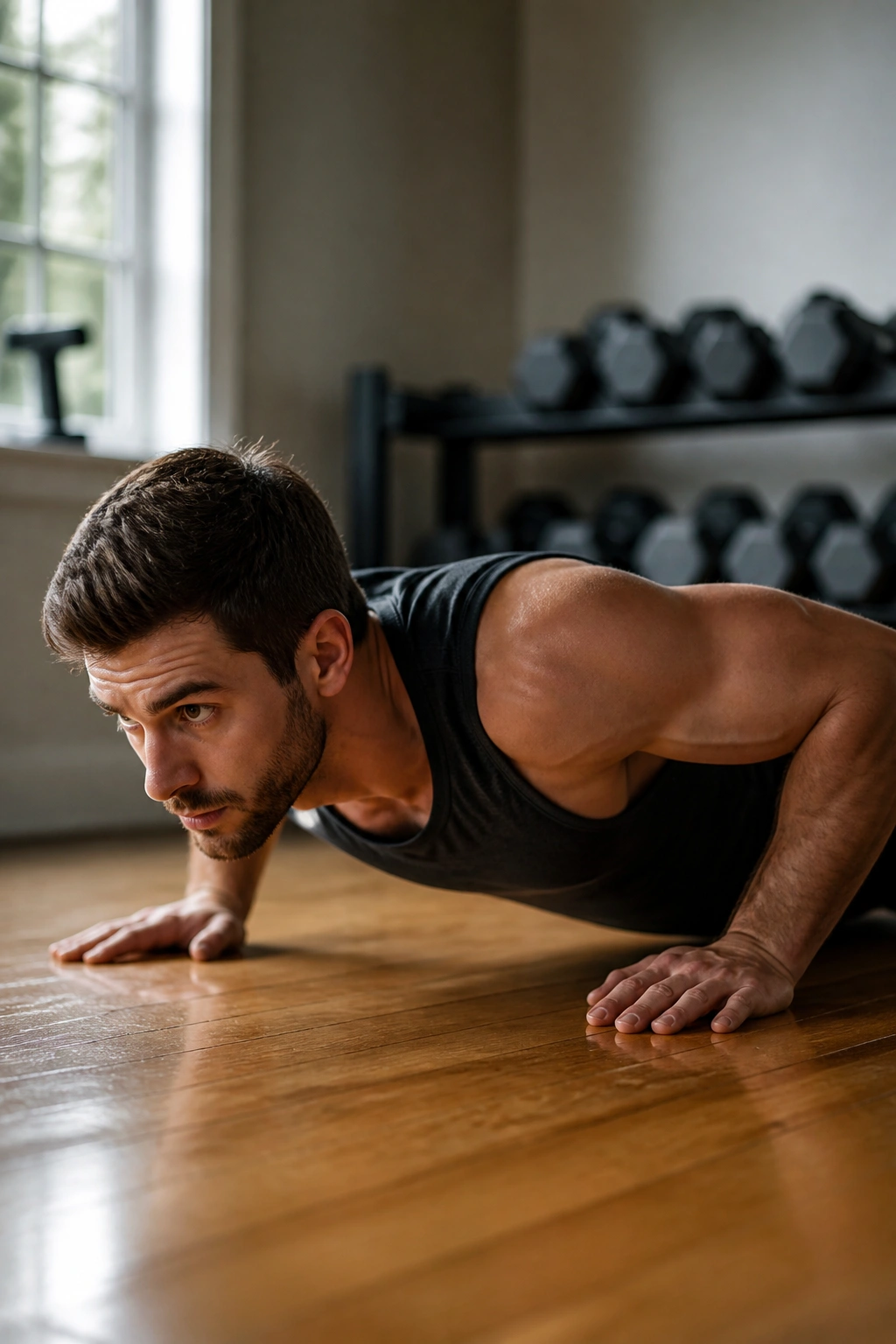 Close-up of a real person performing tempo push-ups with a slow lowering in a home gym