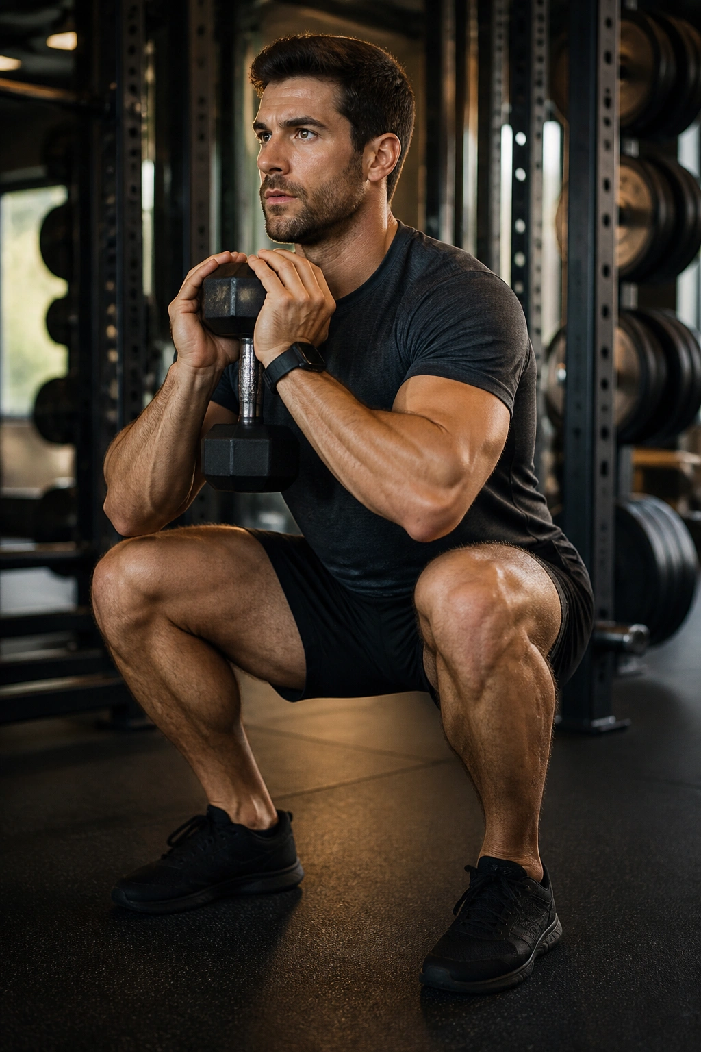 Close-up of a person performing tempo goblet squat in a gym