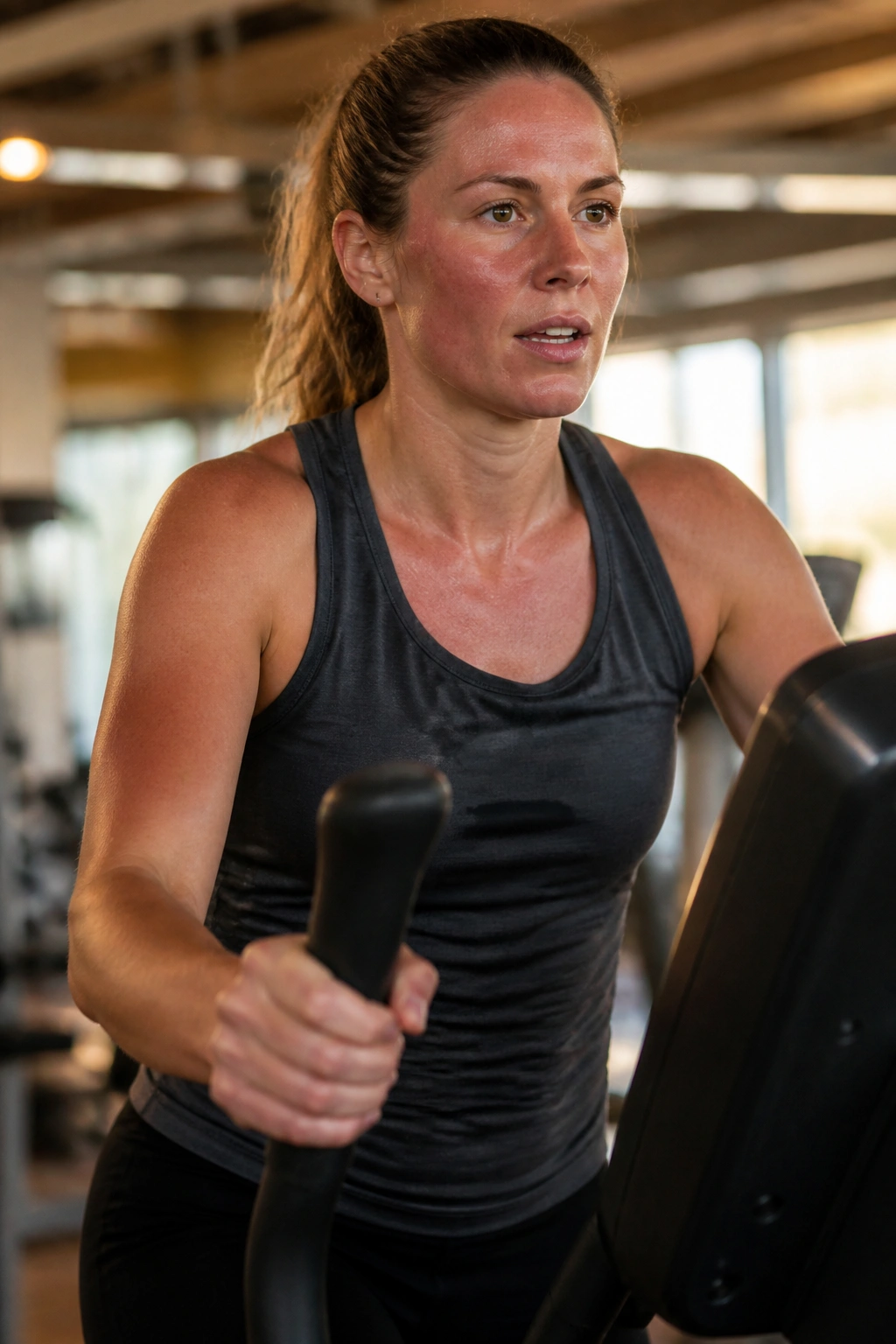 Person on elliptical maintaining tempo pace in a gym