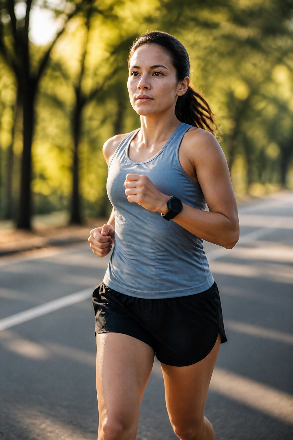 Close-up portrait of a runner during a steady tempo run on a tree-lined road