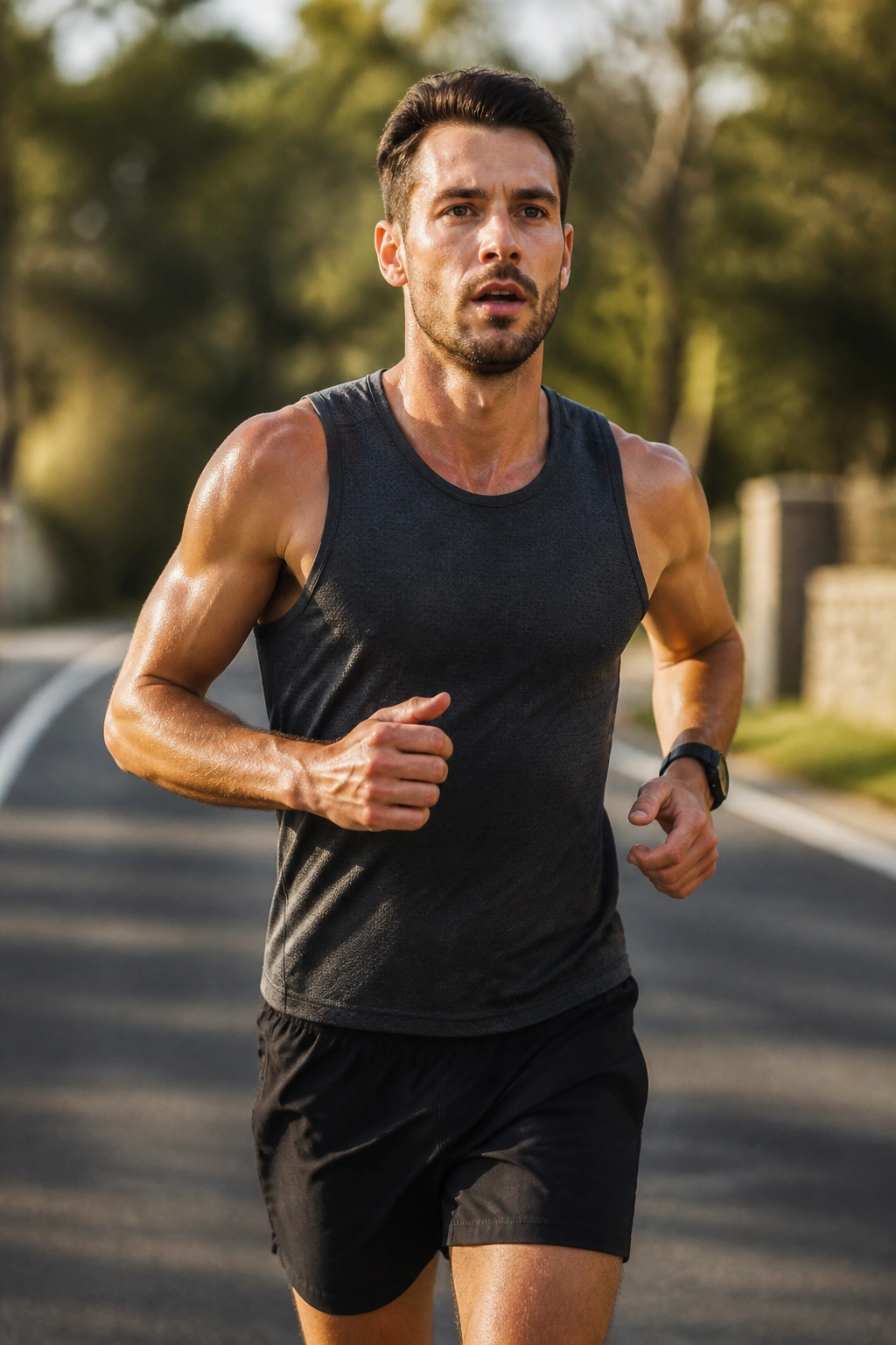 Runner maintaining steady tempo pace on a quiet road