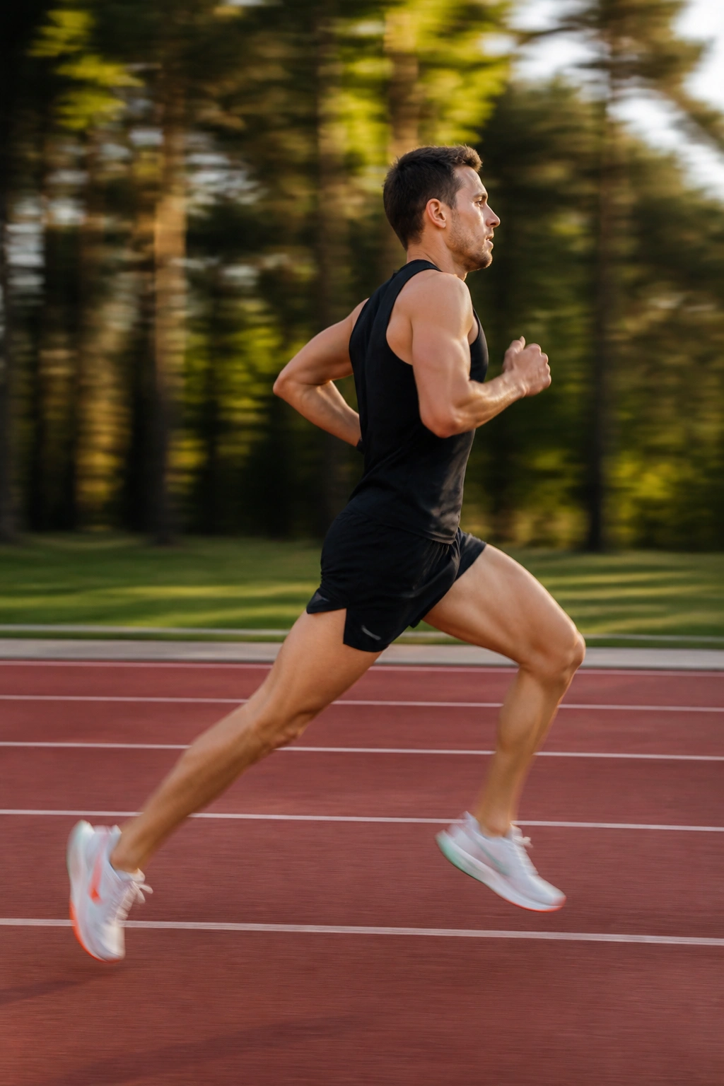 Runner in mid-stride on an outdoor track during tempo work