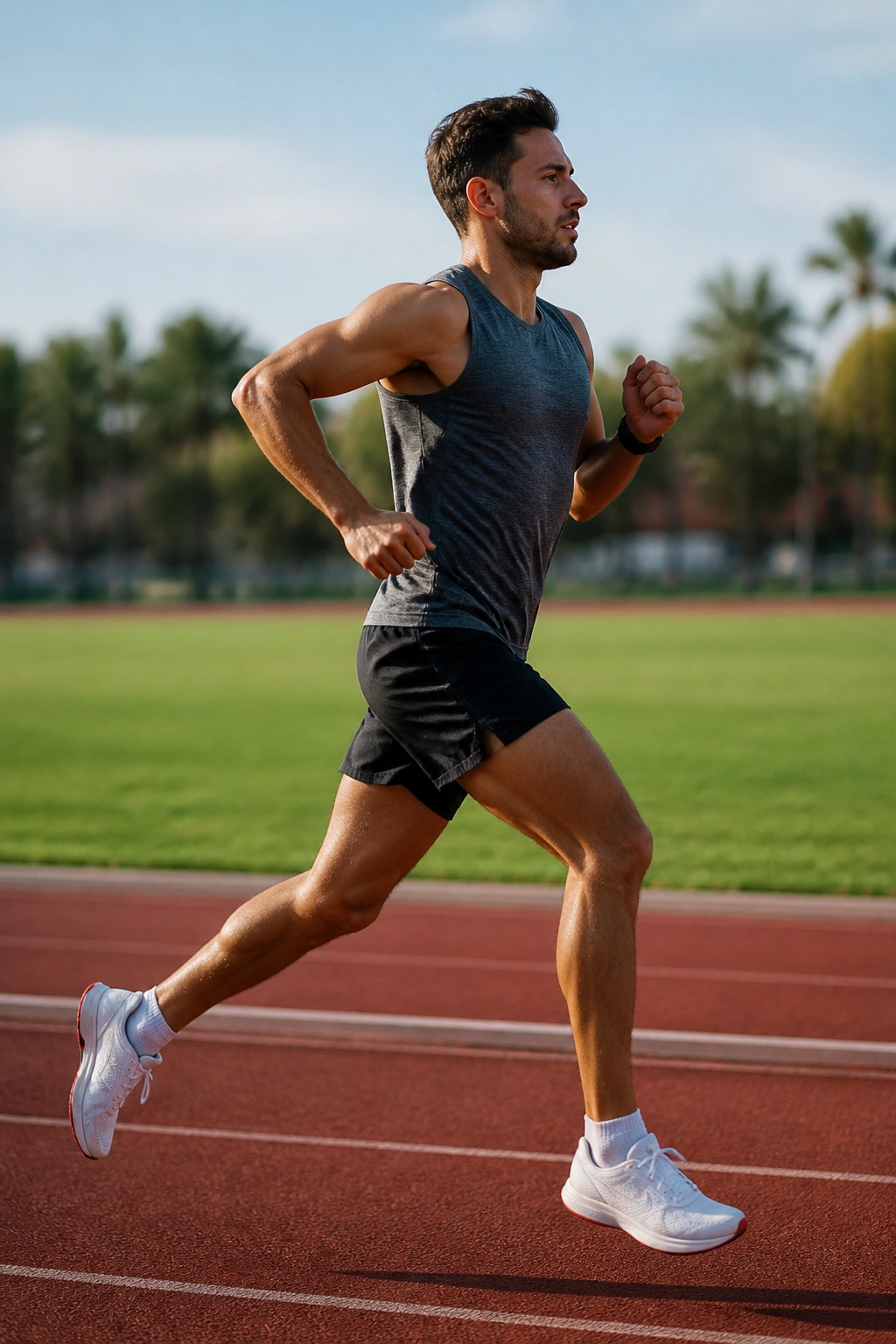 Runner performing tempo run with strides on track in daylight