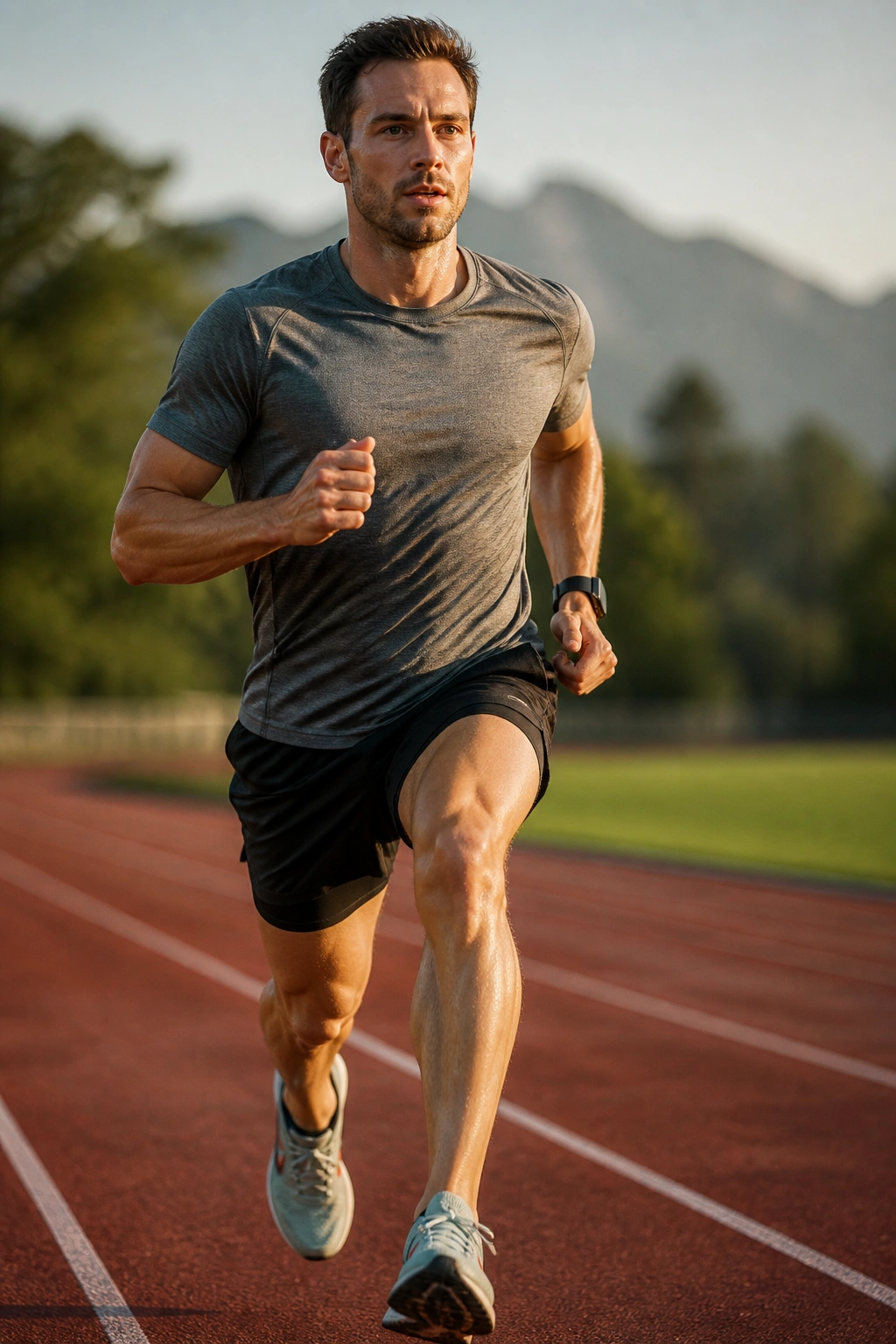 Runner in stride on track during tempo effort