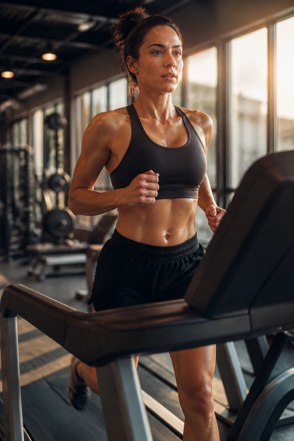 Runner on treadmill maintaining a steady tempo pace for stamina in a gym