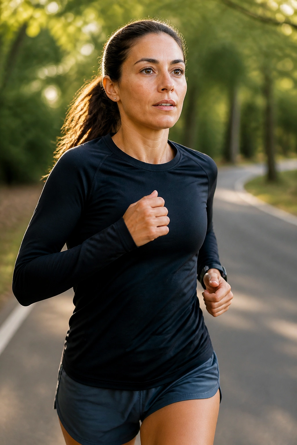 Runner on a tempo run maintaining a steady hard pace on a park path