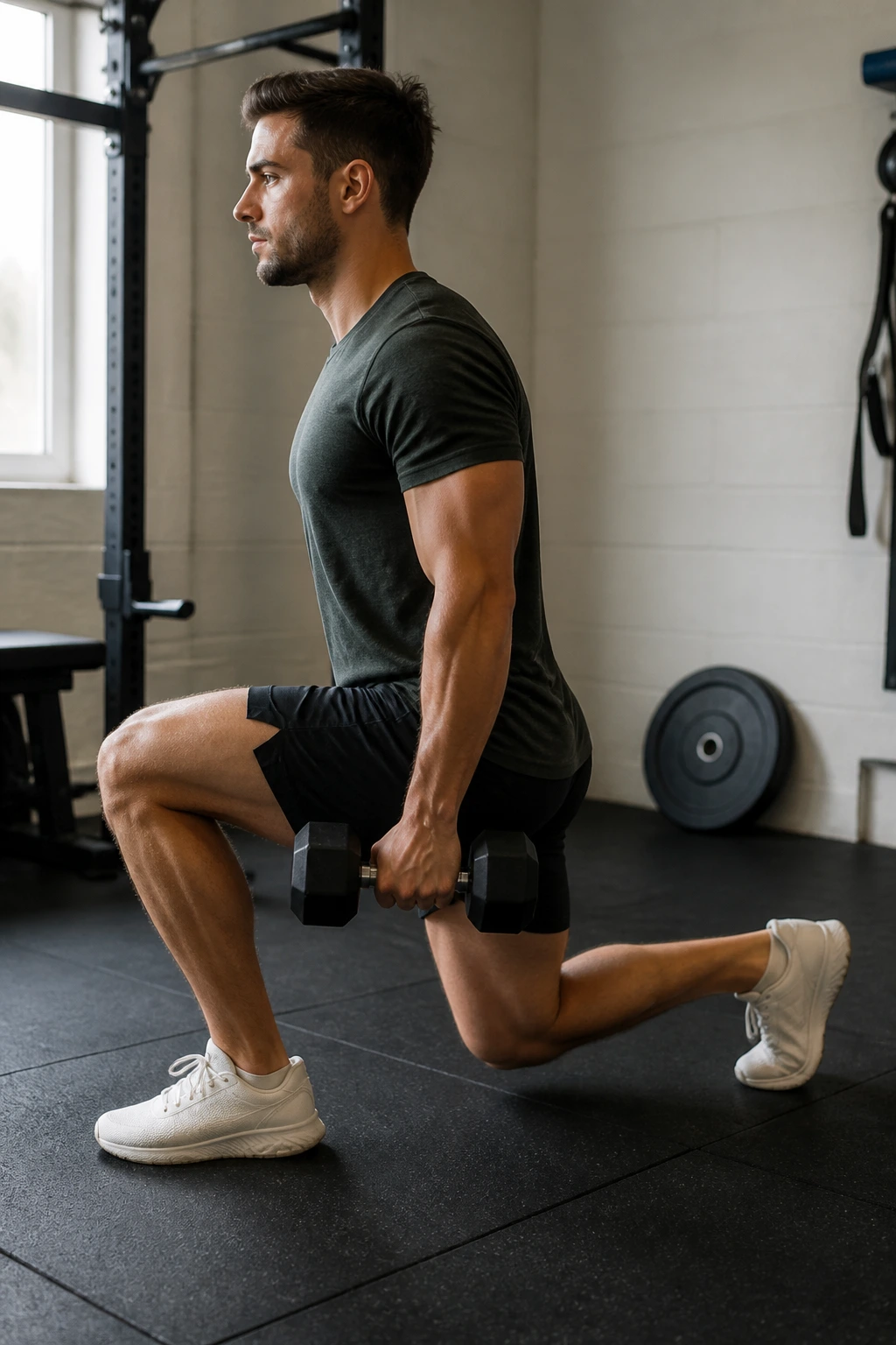 Person performing a tempo split squat with controlled descent in a gym.