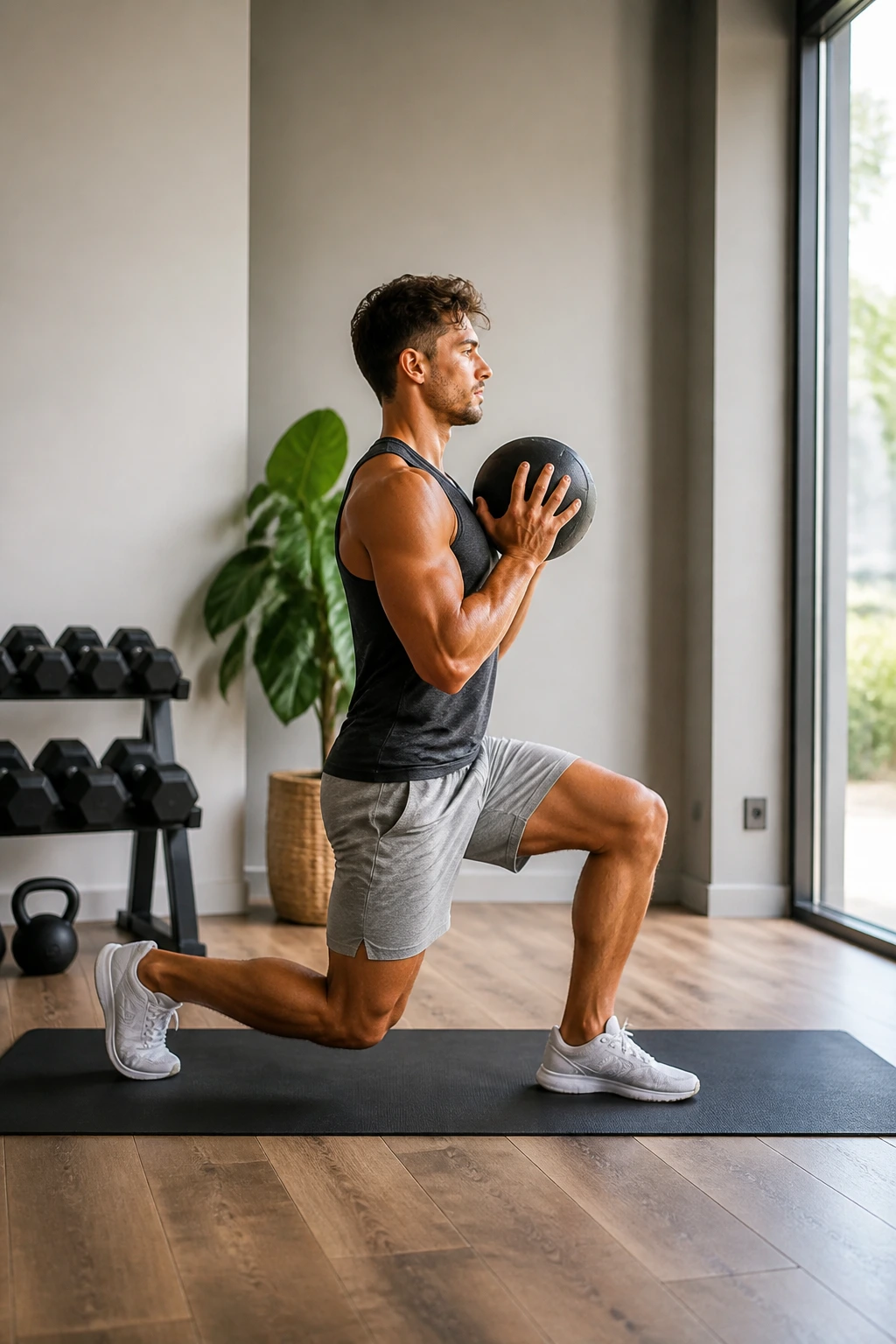 Person doing tempo split squats with medicine ball at chest
