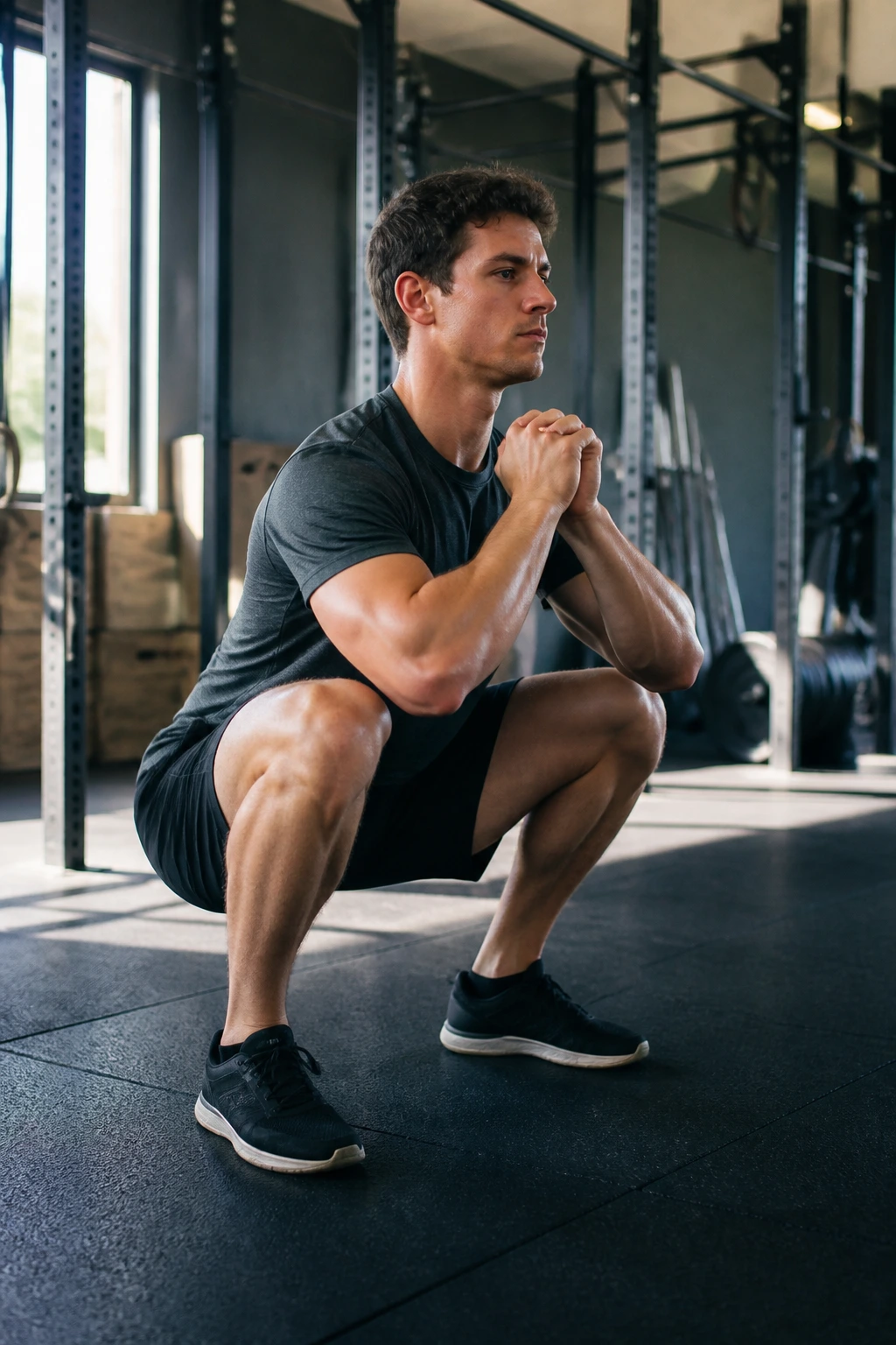Lifter performing a slow tempo squat with controlled descent in gym