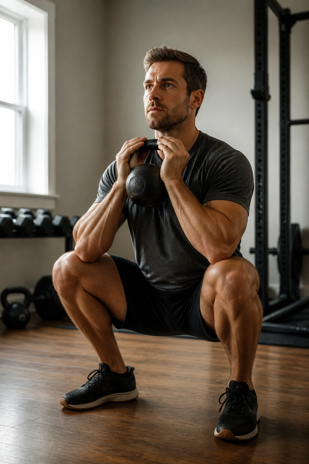 Close-up of person performing goblet squat with kettlebell in home gym, slow descent