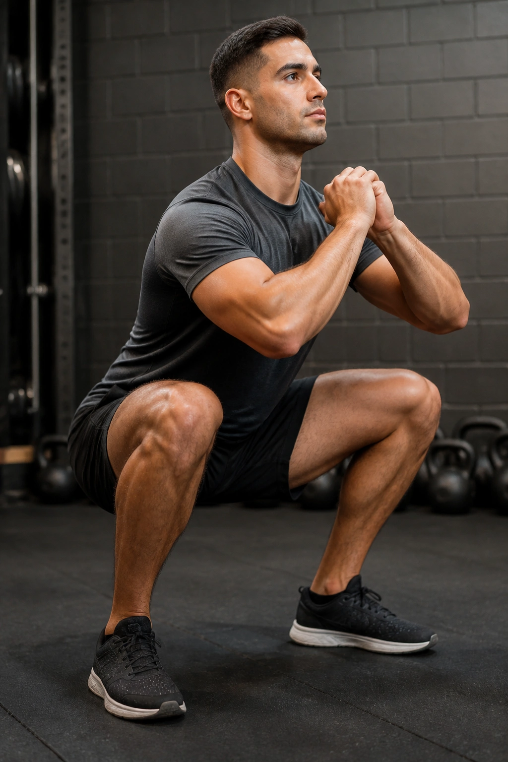 Close-up of a real person performing a tempo squat with controlled descent in a gym