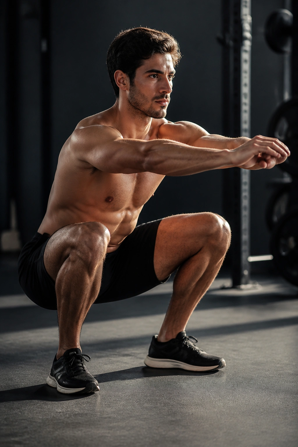 Person performing tempo squat with slow descent and hold in a gym.