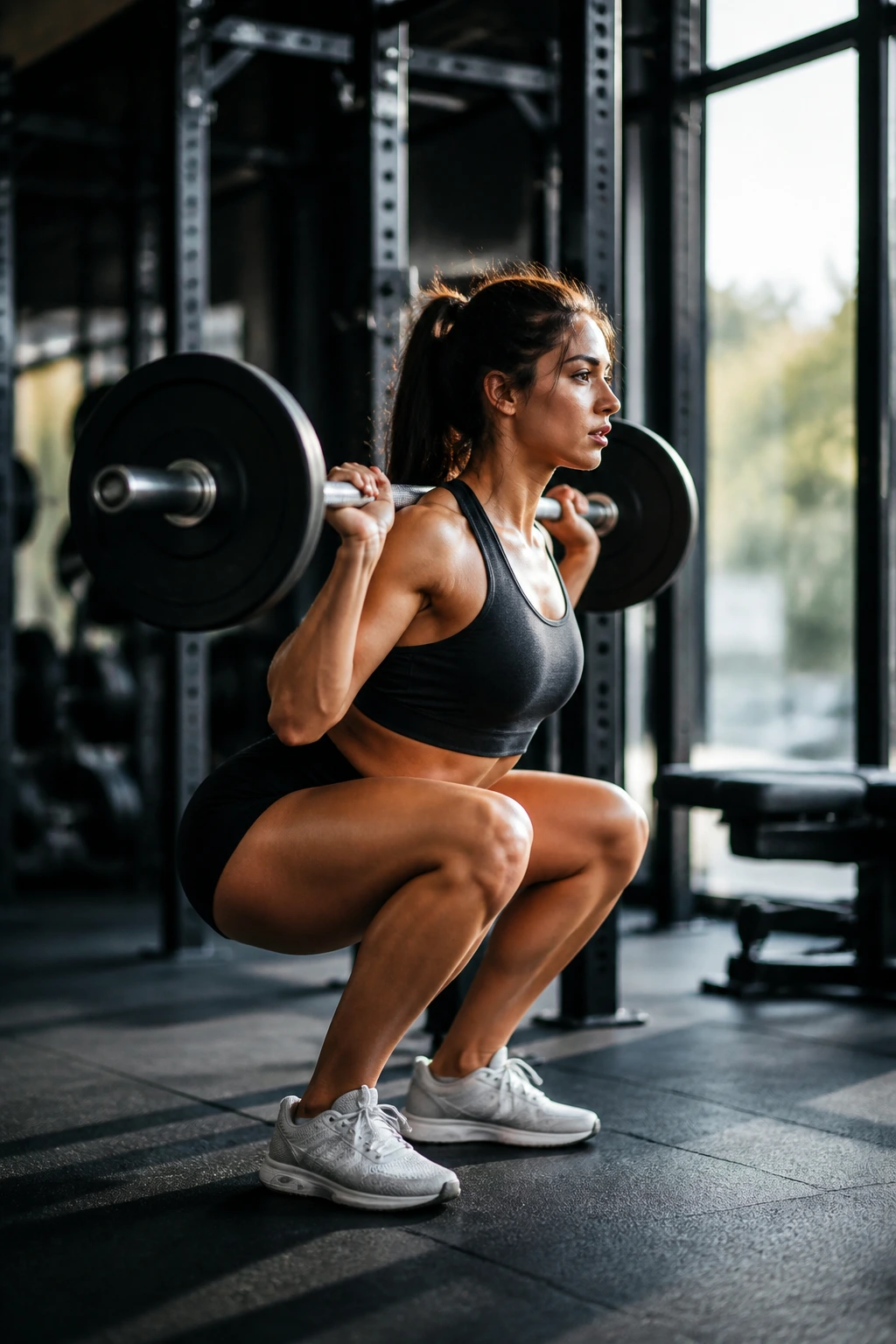 Woman performing tempo squat with slow descent in gym