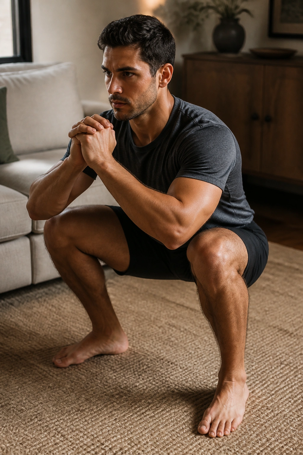 Close-up of a person performing tempo squats in a living room for slow tempo strength.