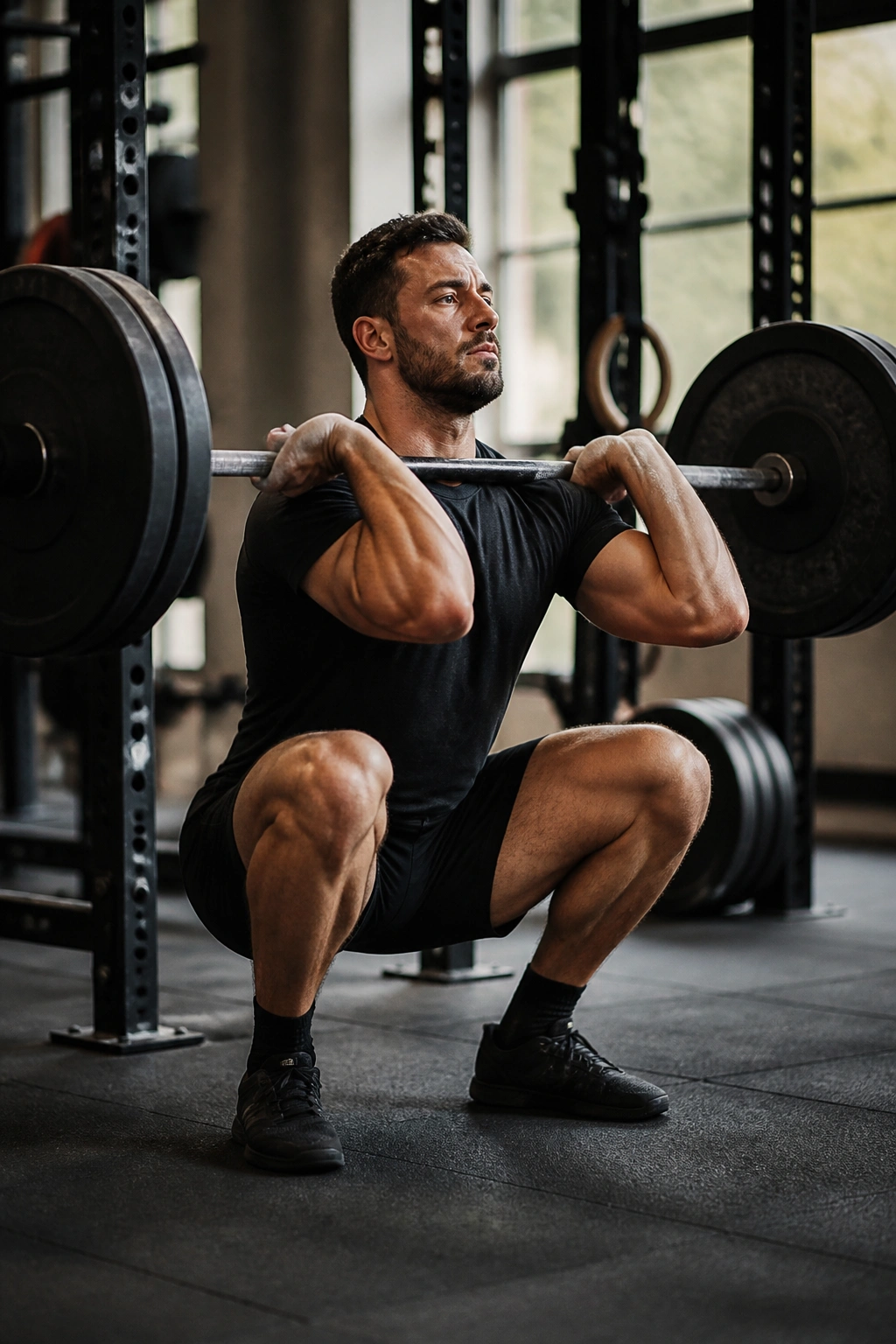 Person performing a tempo front squat with a paused descent in a gym