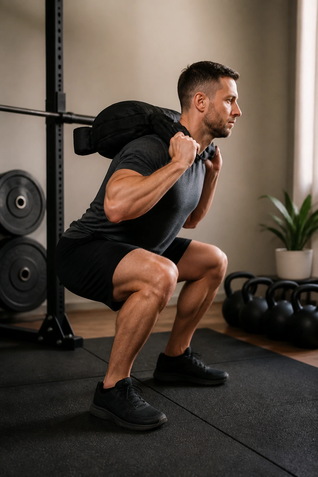 Side view of a person performing a tempo squat in a home gym